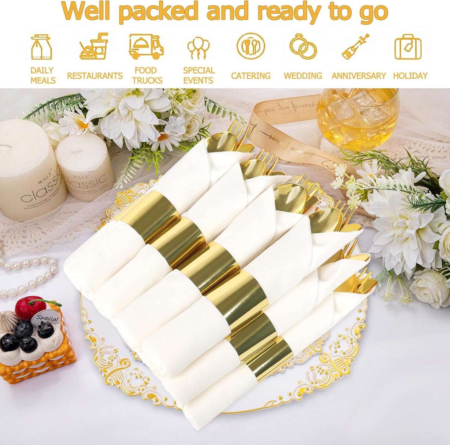 50 Pack Pre Rolled Gold Plastic Silverware Set,Fancy Wrapped Plastic Cutlery Set with Napkin Include 50 Forks,50 Spoons,50 Knives and 50 White Napkins for Party, Wedding
