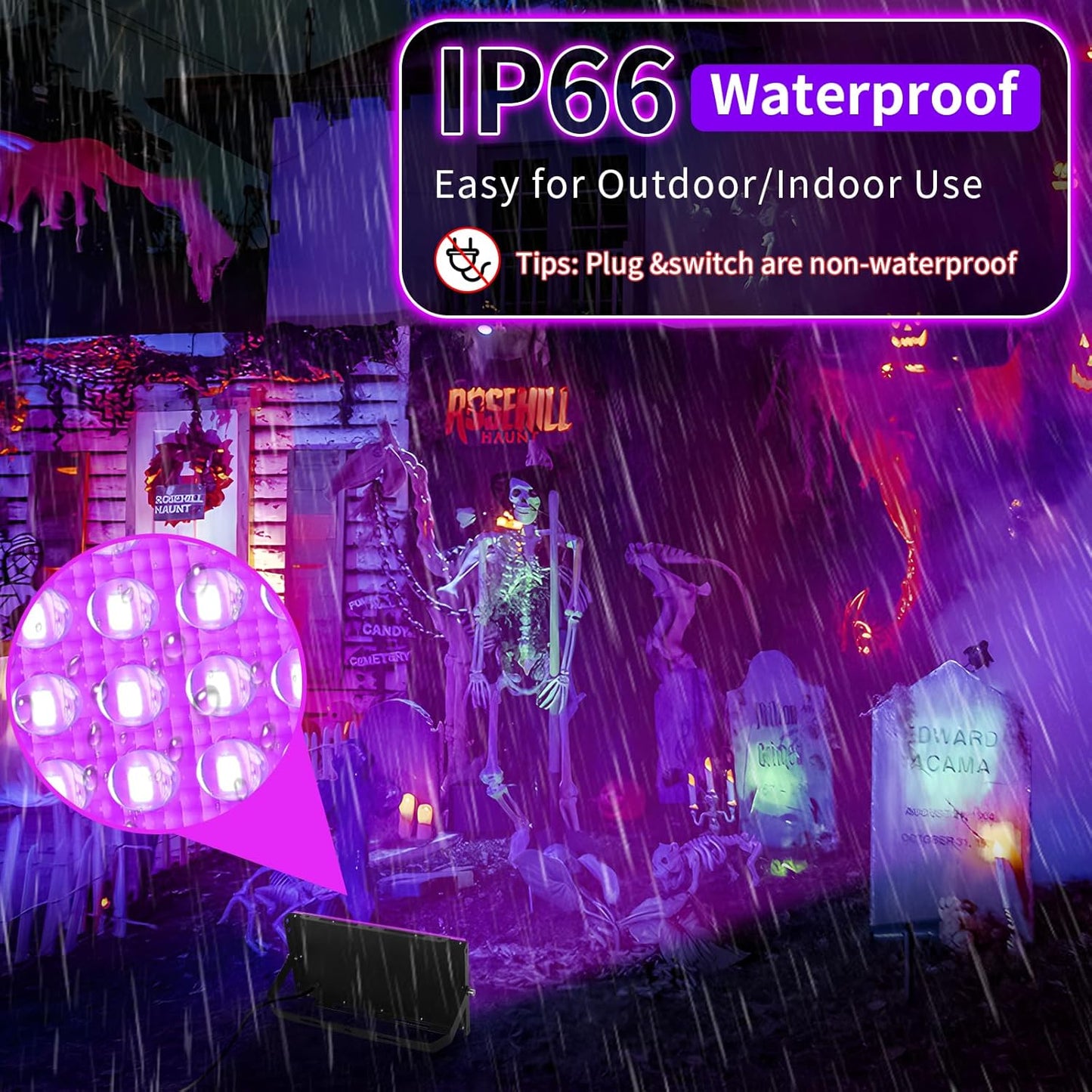 100W Black Lights with Switch+Plug, IP66 Waterproof, LED Blacklight Flood Light for Glow Party, Halloween, Bedroom, Fluorescent Poster, Body Paint, 4 Pack