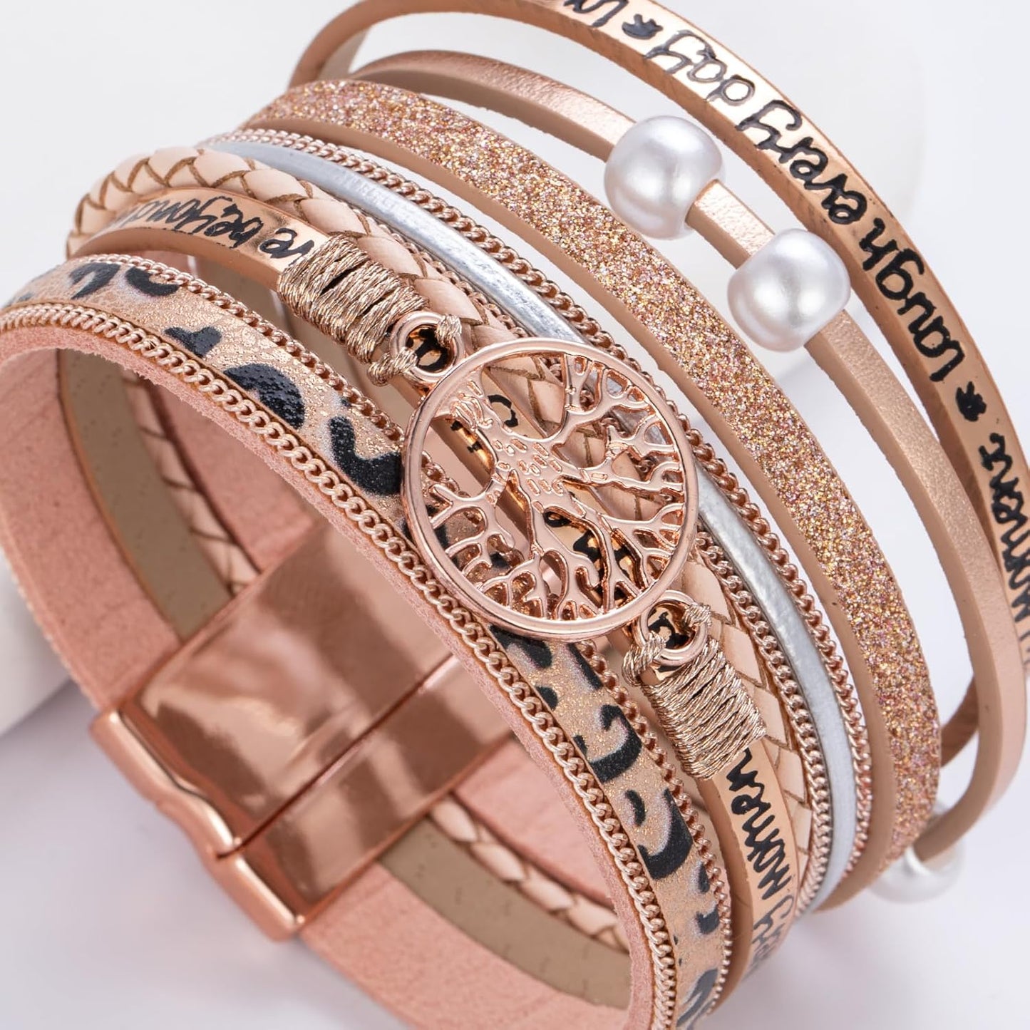 FANCY SHINY Tree of Life Leather Wrap Bracelet Inspirational Cuff Bangles Boho Pearl Bracelets with Magnetic Clasp Unique Jewelry Gifts for Women