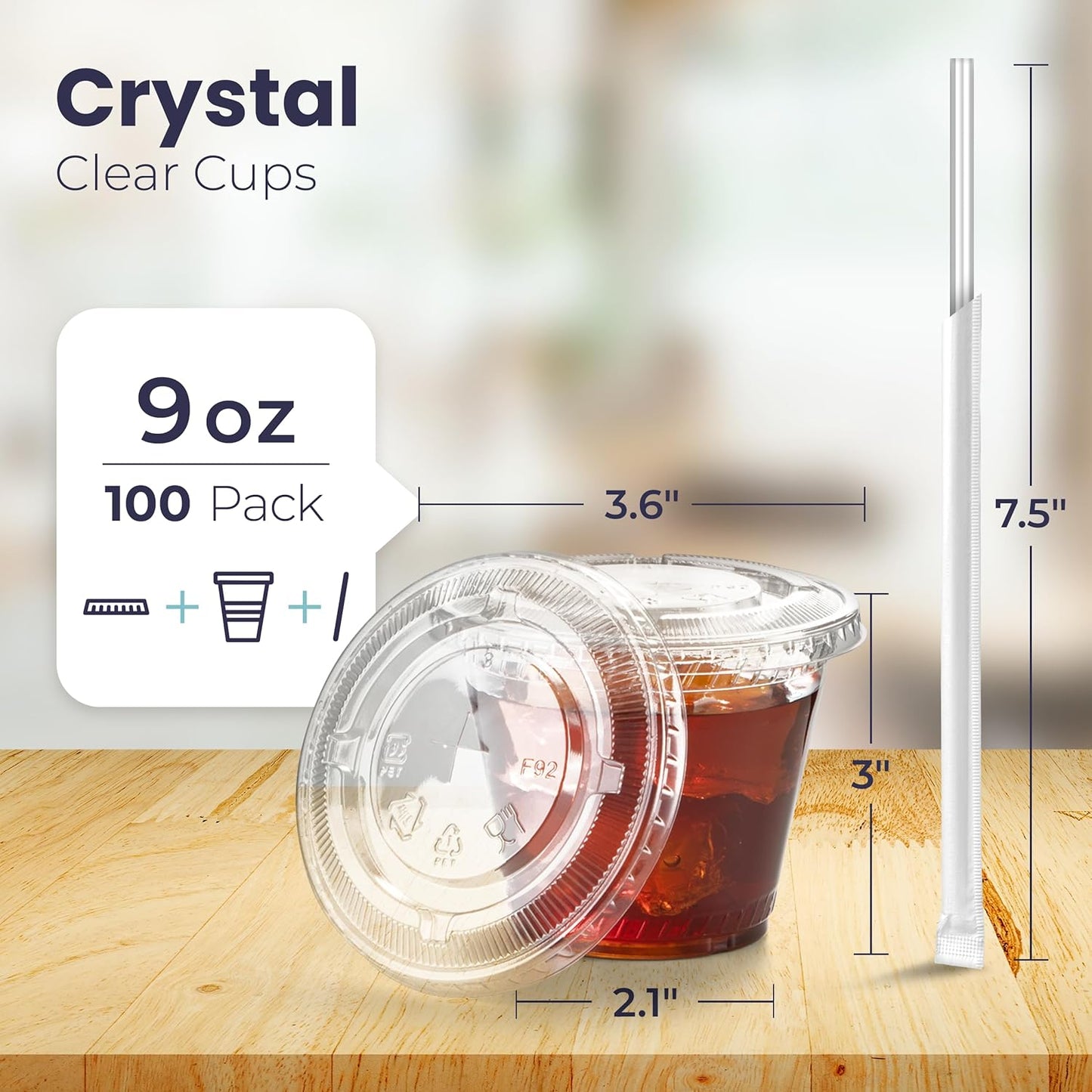 Fit Meal Prep 100 Pack 9 oz Plastic Iced Coffee Cups with Flat Lids and Clear Straws, Disposable Clear Cup, BPA Free Cup for Party, Smoothie, Cold Drinks, Juice, Milkshake, Bubble Boba, Tea