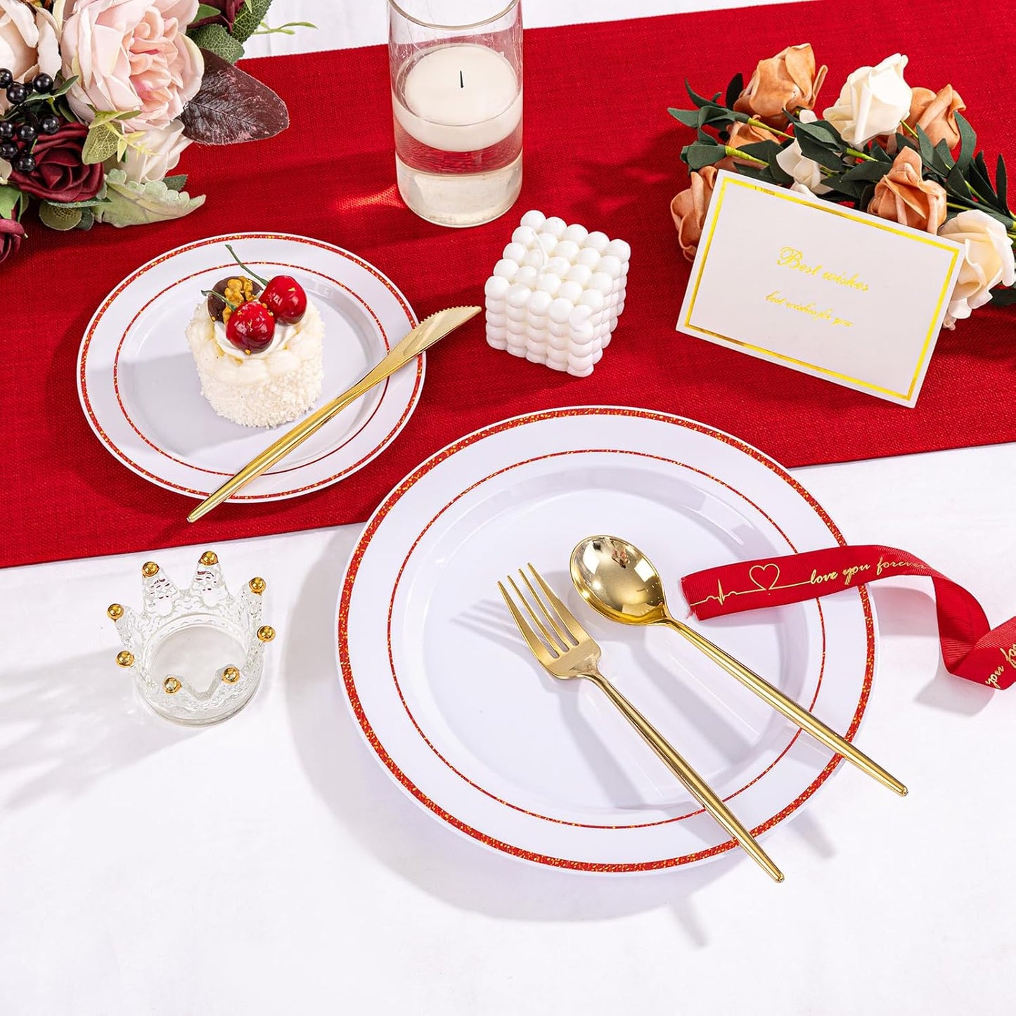 U-QE 100pcs Glitter Red Plastic Plates for Party - White Plates Disposable Heavy Duty - Include 50 10" Dinner and 50 7" Dessert Plate, Perfect for Party, Wedding(Glitter Red)