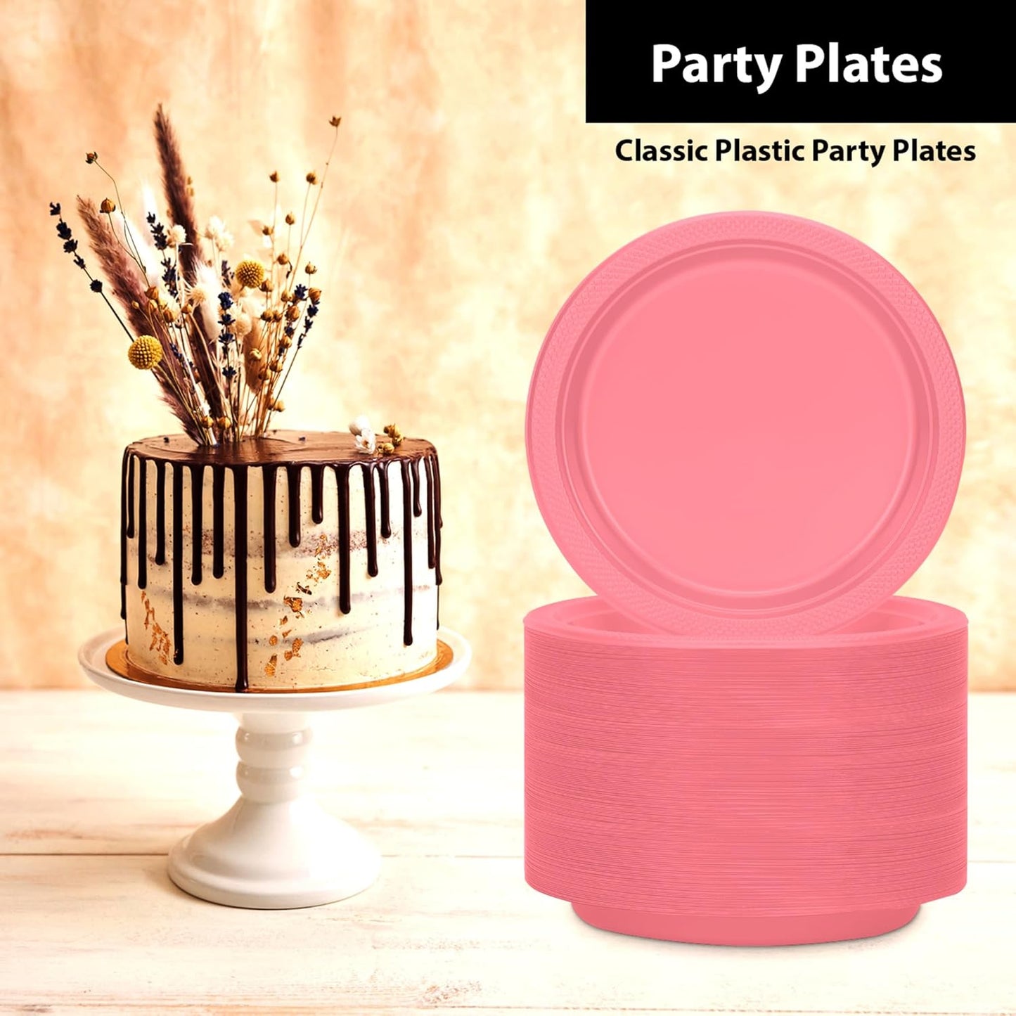 Hanna K. Signature Pink Plastic Plates - 9 Inch, 600 Count - Solid Round Party Plates For Weddings, BBQs, Birthdays