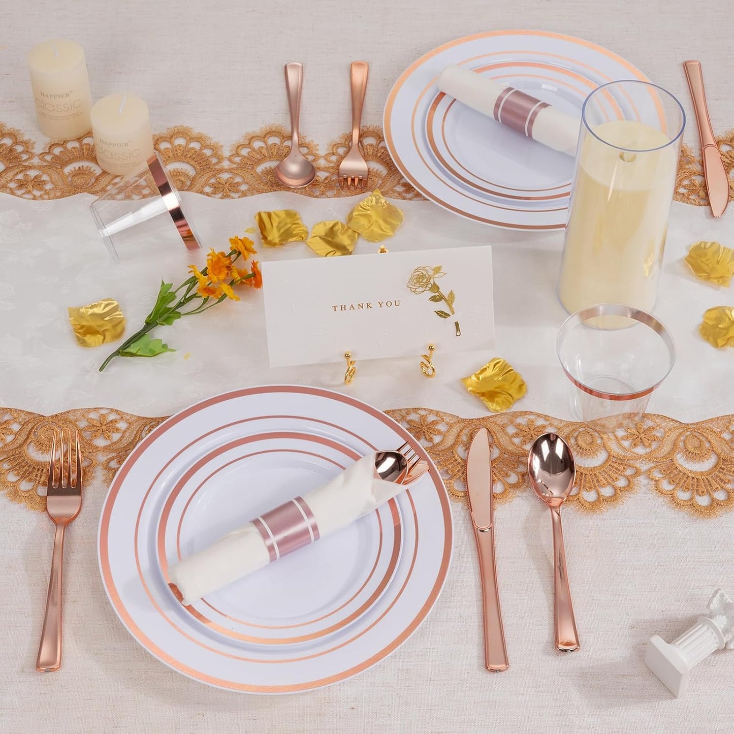 350 PCS White and Rose Gold Plastic Dinnerware Set for 50 Guests, 100 Plates for Party, 50 Pre Rolled Napkins with Gold Silverware, 50 Cups