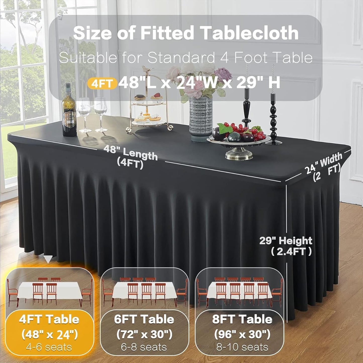 2 Pack Black Spandex Tablecloths for 4 ft Rectangle Tables, Wrinkle Free Fitted Table Covers 4 Foot StretchyTable Cloth with Skirt for Parties Weddings Birthday Banquet Baby Shower