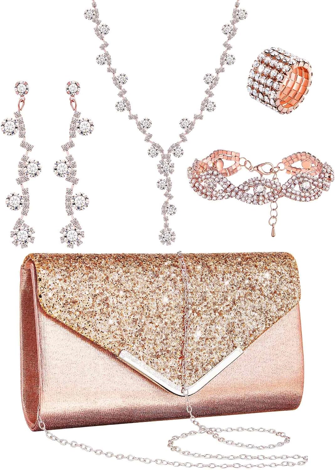 Henoyso 5 Pcs Purse Rhinestone Jewelry Set Prom Jewelry Rhinestone Clutch Purse Necklace Earrings Bracelets for Women Bride