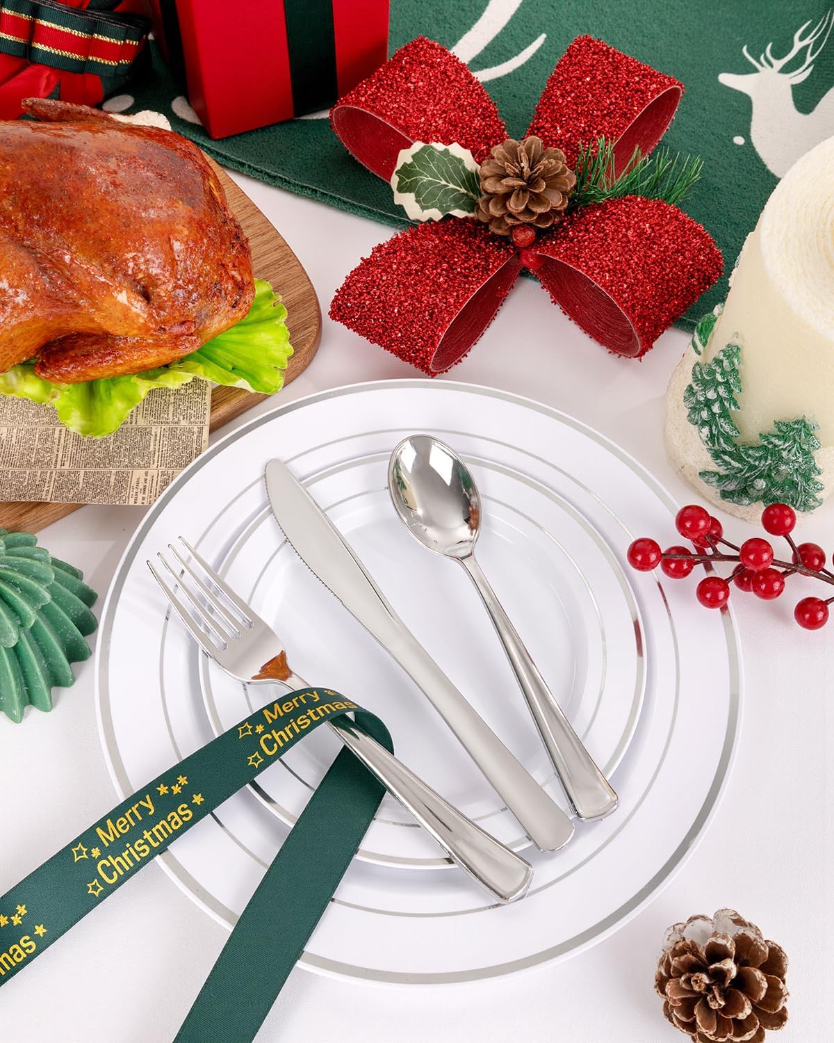 175PCS Sliver Plastic Plates - Christmas Plates Disposable - White Plate with Silver Trim 25Guests Plastic Dinnerware Sets with Rolled Napkins for Wedding/Birthday/Christmas