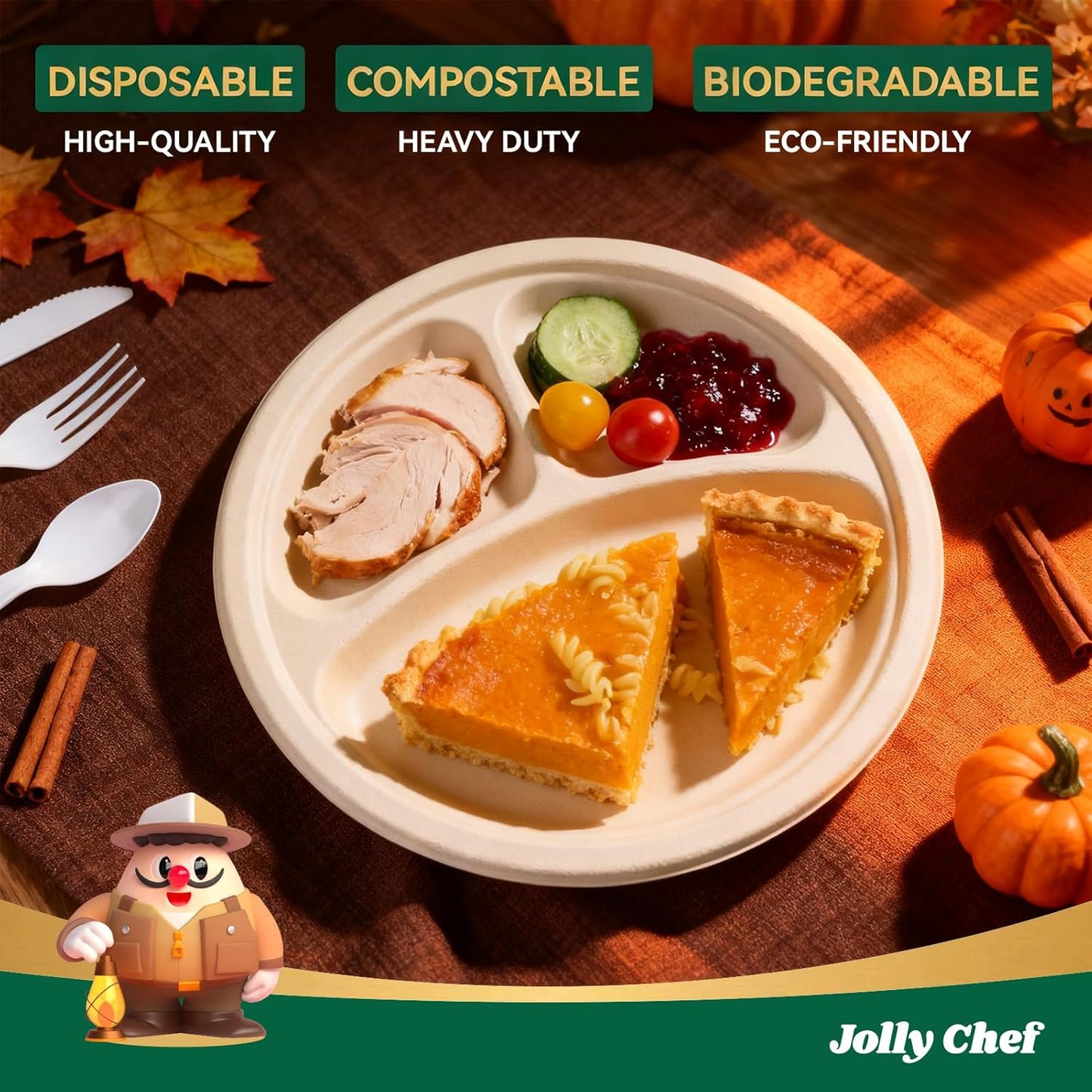 JOLLY CHEF Compostable 𝟯 Compartment Paper Plates 𝟭𝟬 𝗜𝗻𝗰𝗵 [𝟭𝟮𝟱 𝗣𝗮𝗰𝗸] Heavy Duty Divided Disposable Eco-Friendly Bagasse Biodegradable Round Trays for Party Dinner Thanksgiving Day(Brown)