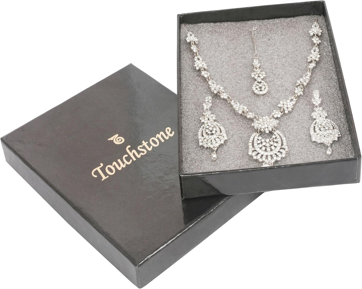 Touchstone Indian jewelry sets for women maang tikka wedding guest gold necklace bollywood jewellery set pageant elegant prom bride accessories western crystal chunky rhinestone necklaces