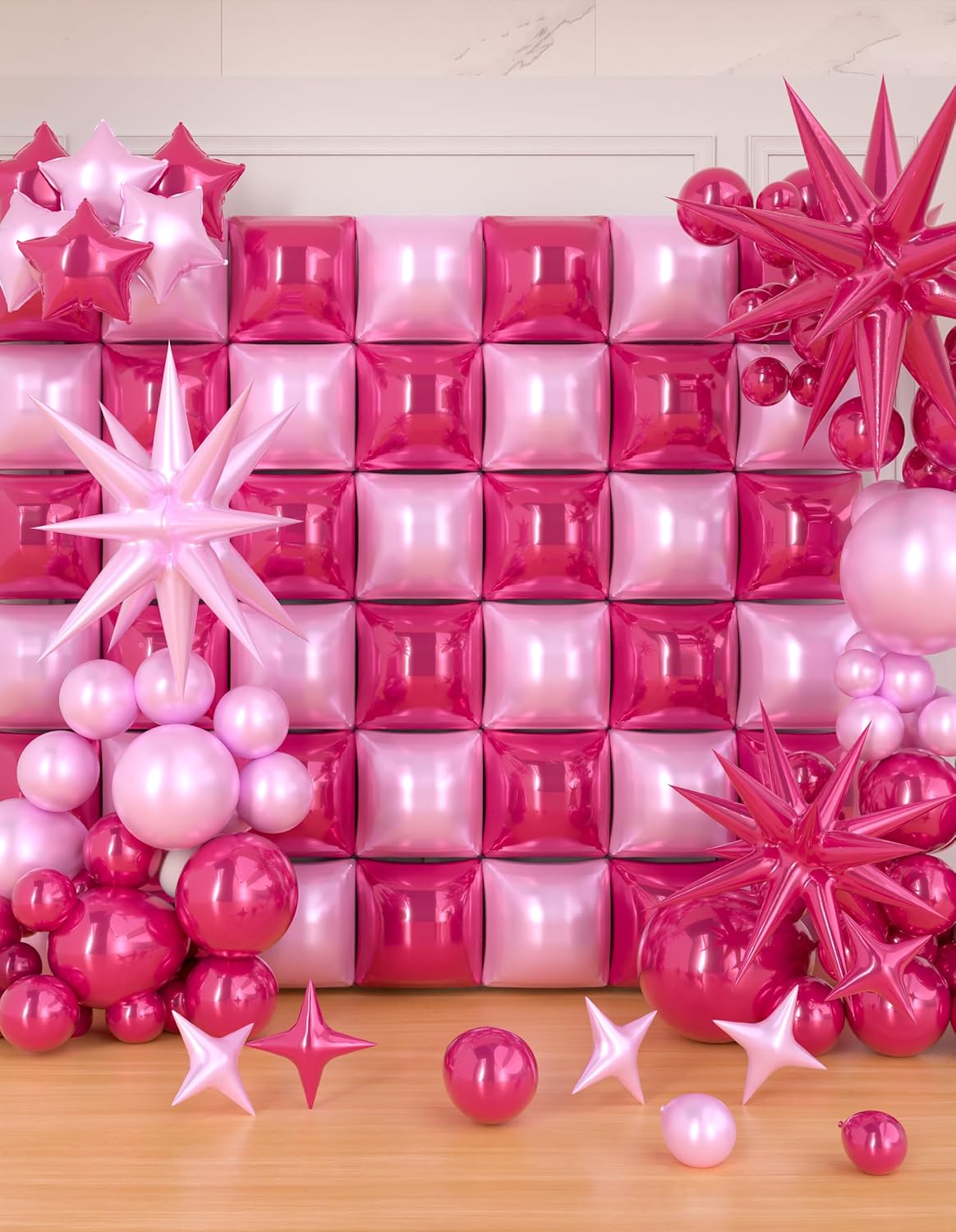 155pcs Breast Cancer Awareness Balloon Arch Kit, Hot Pink and Pink Balloon, 36pcs Square Foil Balloons Wall Backdrop for Anniversary Bachelorette Birthday Valentines Party Decorations