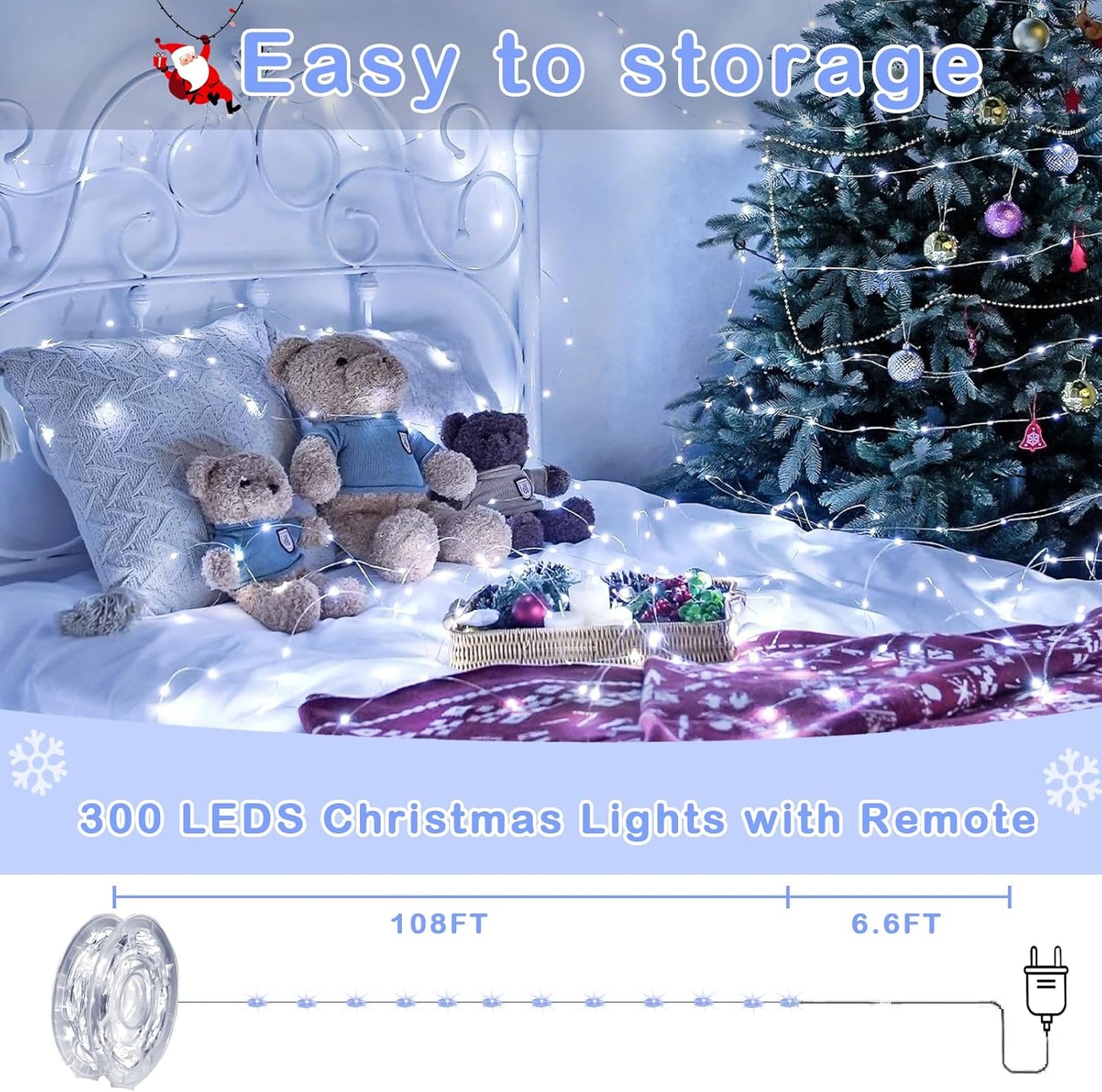 Decute 300Led 99FT Silver Wire Christmas Fairy String Lights Dimmable with Remote Control Starry Lights with UL Cerficated Decorative for Party Wedding Bedroom Christmas Tree Cool White