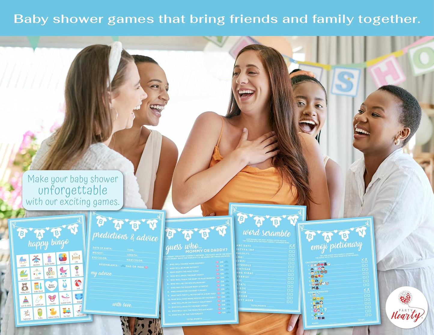 Party Hearty Baby Shower Games for Boy, 250 pcs Blue 5 Games Activities Cards, Funny Baby Shower Games, Baby Shower Ideas