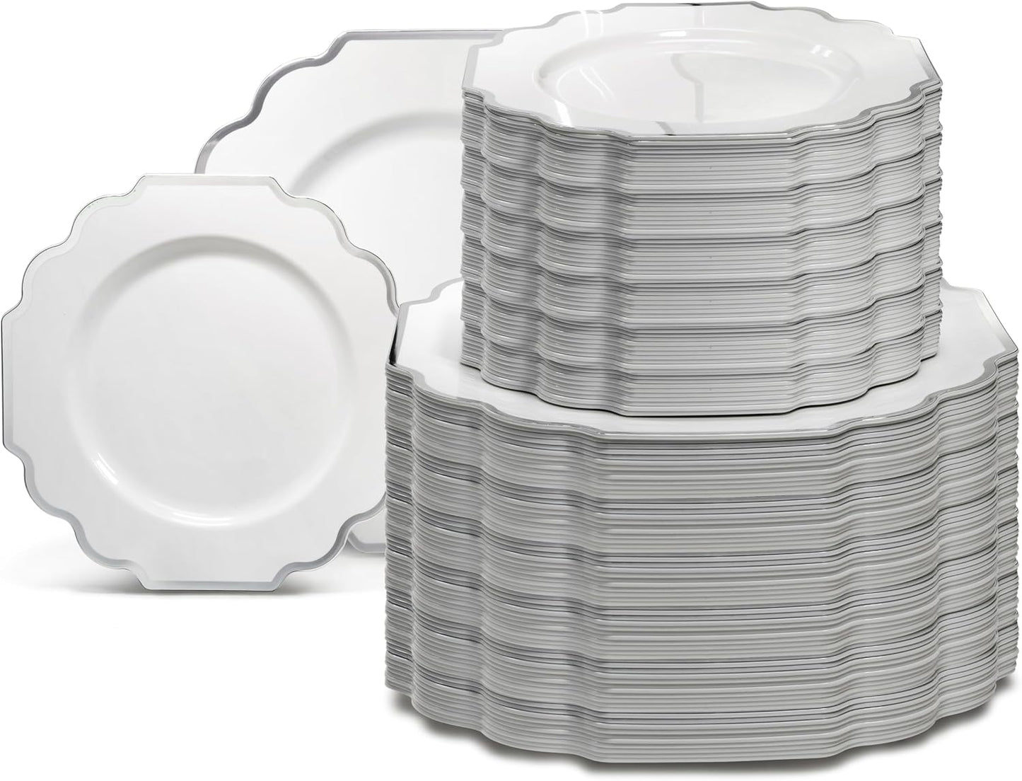 " OCCASIONS " 240 Plates Pack (120 Guests) Heavyweight Wedding Party Disposable Plastic Plates Set -120 x 10.5'' Dinner + 120 x 8'' Salad/Dessert Plate (Imperial in White & Silver Rim)