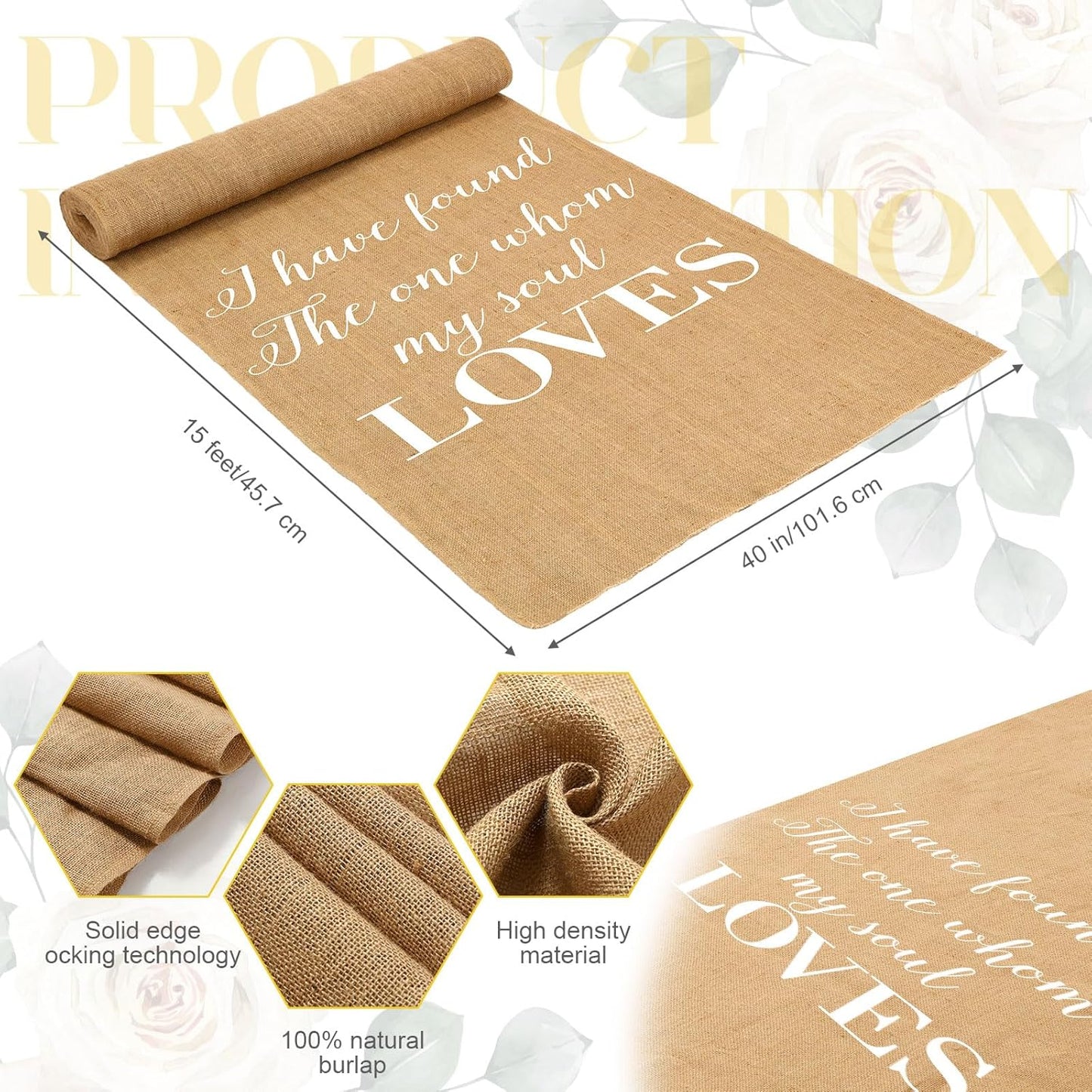 Tudomro 40 Inch x 15 Ft Extra Long Natural Burlap Wedding Aisle Runner Outdoor Jute Burlap Aisle Runner for Wedding Ceremony Rustic Indoor Carpet for Walkway (Love Style)