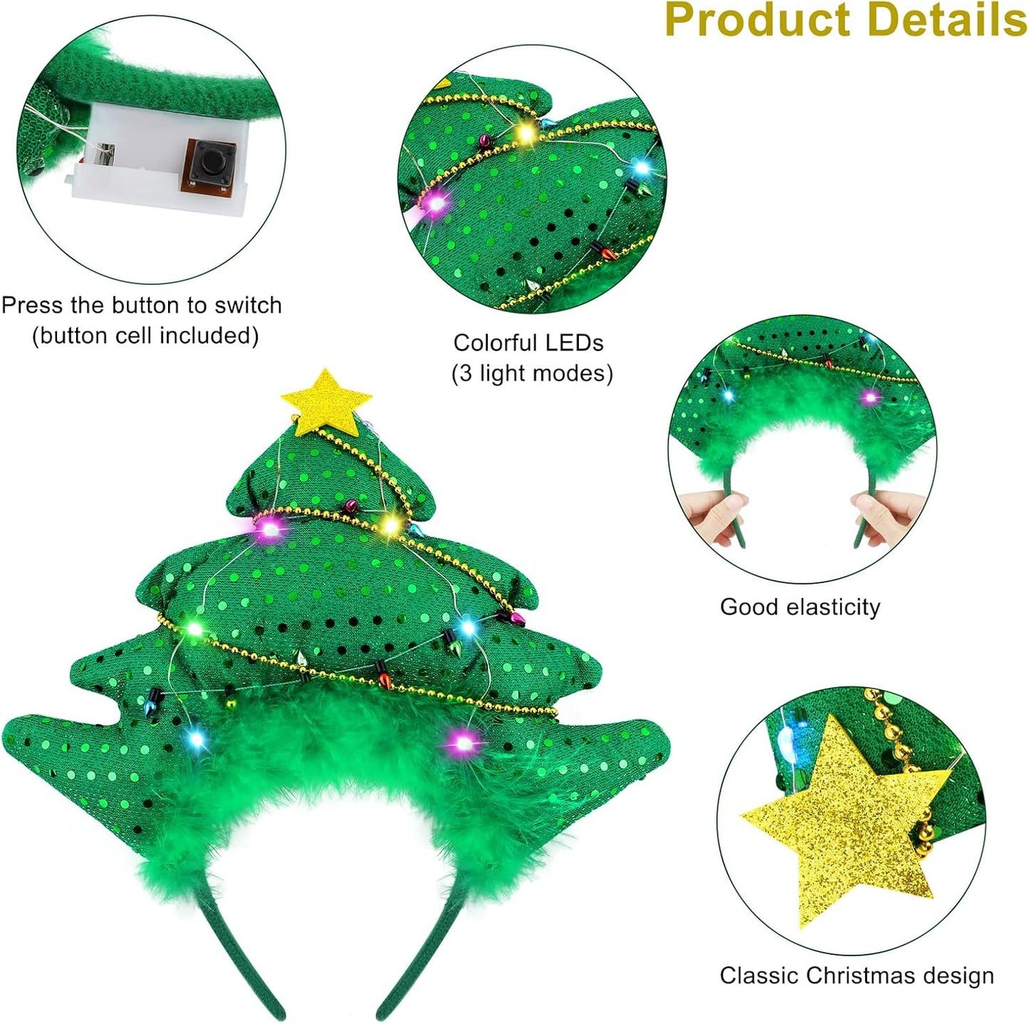 Aneco 6 Pack LED Christmas Headbands Assorted Christmas Tree Candy Canes Elf Hats Headwear Antler Costume Hair Hoop for Christmas Costume Accessory Party Favors