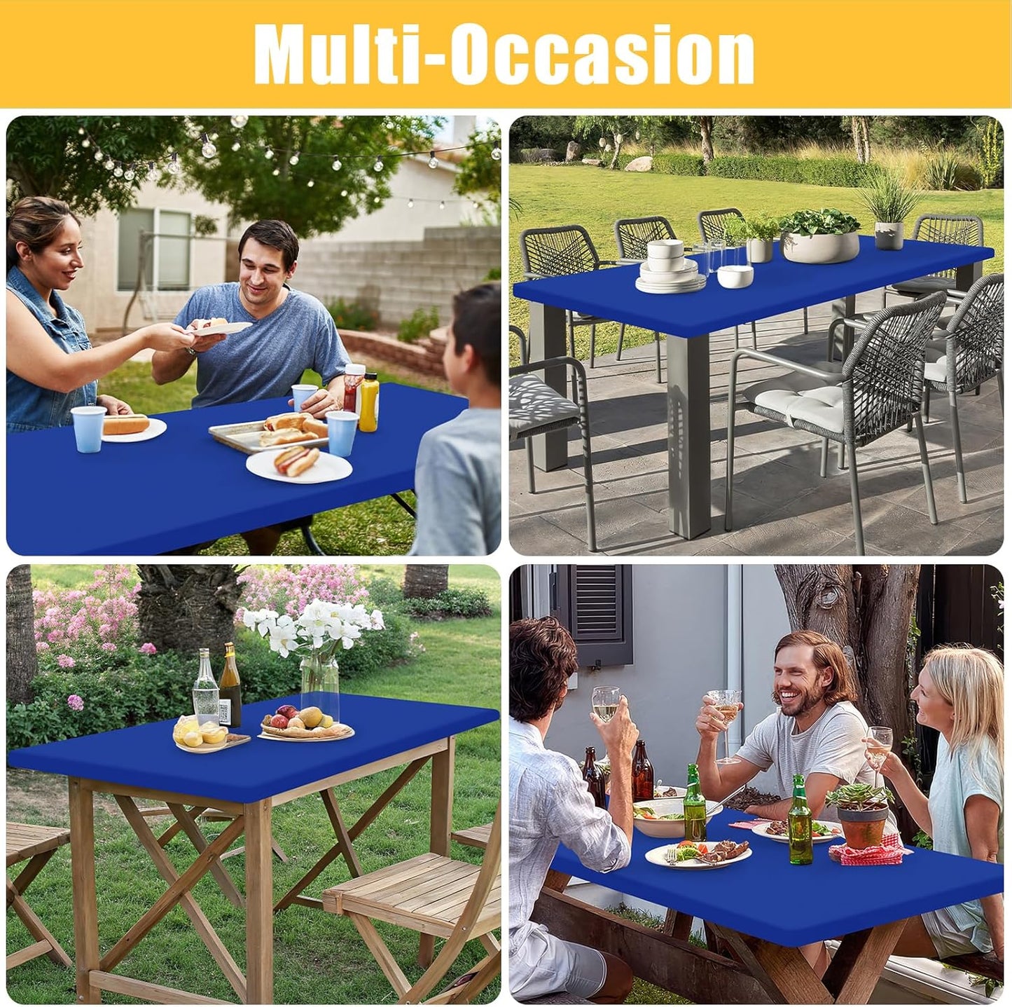 Rectangle Table Cloth, Waterproof Elastic Fitted Tablecloth for 8 Foot Folding Tables, Washable Polyester Tablecloths for Picnic, Camping, Outdoor (Blue, 30"x96")