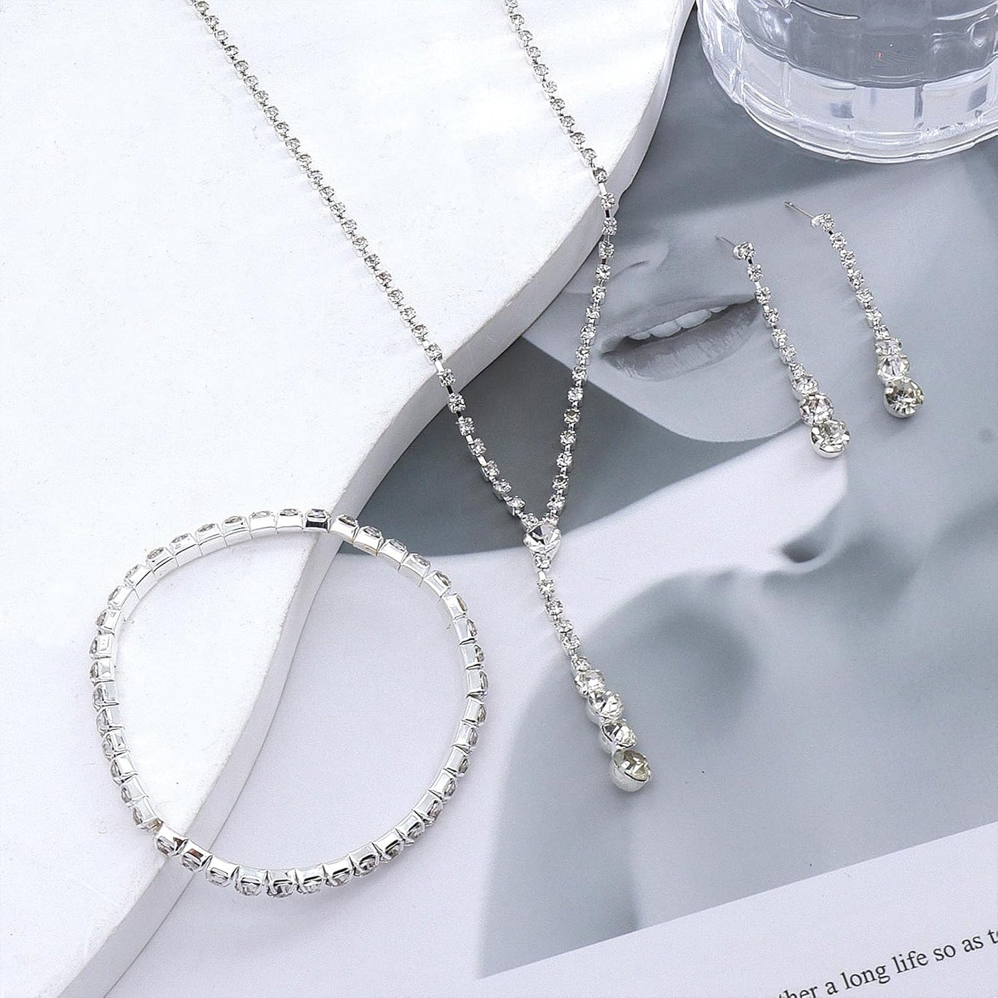 GIGB PBDK Dainty Silver Jewelry Set Crystal Rhinestone Pendant Necklace Bracelet Earrings Trendy Bridal Wedding Prom Dresses Costume Jewelry Sets for Women Wife