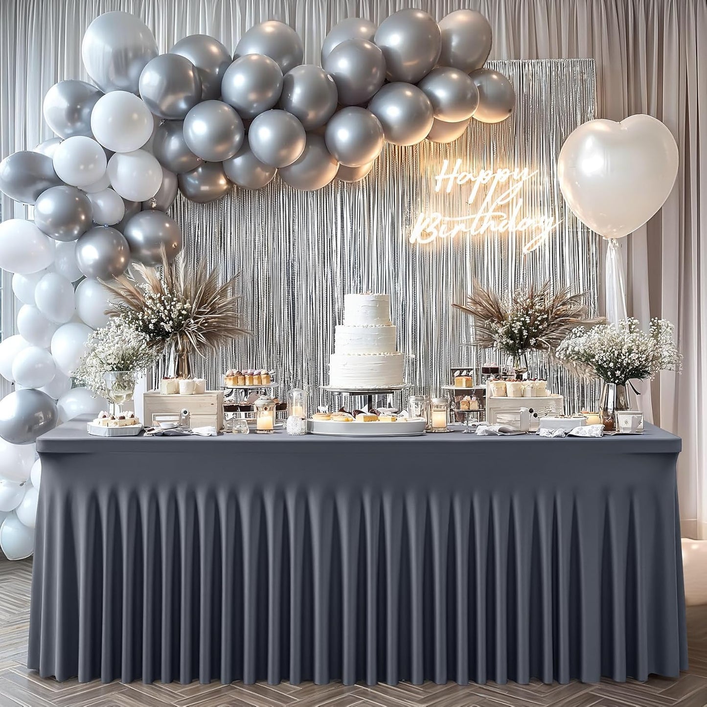 6 Packs Grey Table Clothes for 6 Foot Rectangle Tables, One-Piece Wrinkle Resistant Stretch Spandex Table Covers with Skirt for Event Banquet Wedding Birthday Party