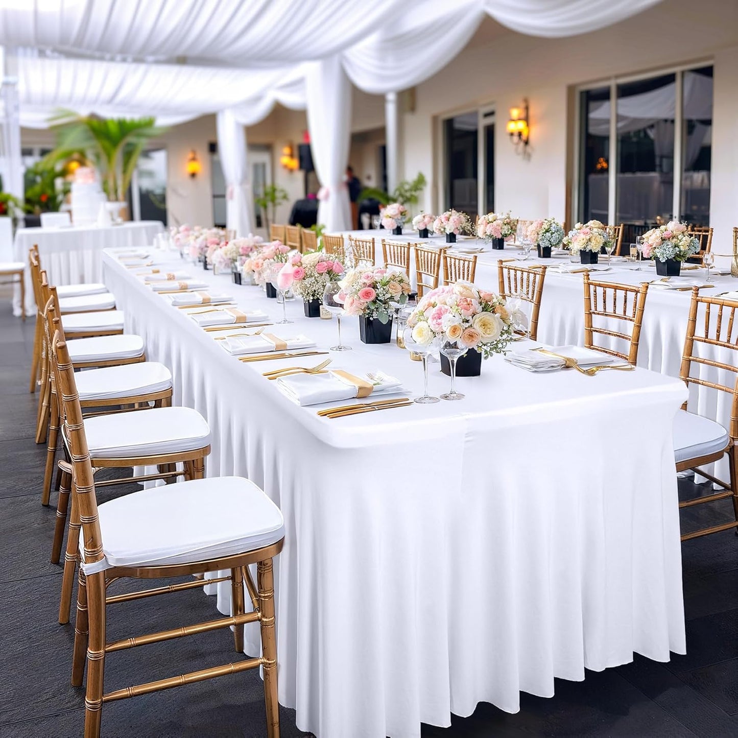 PARTISKY White Spandex Tablecloth for 8ft Rectangle Tables, Stretchable Table Cover Skirt for Folding Tables Weddings Parties Banquets Events Trade Shows and Dessert Table