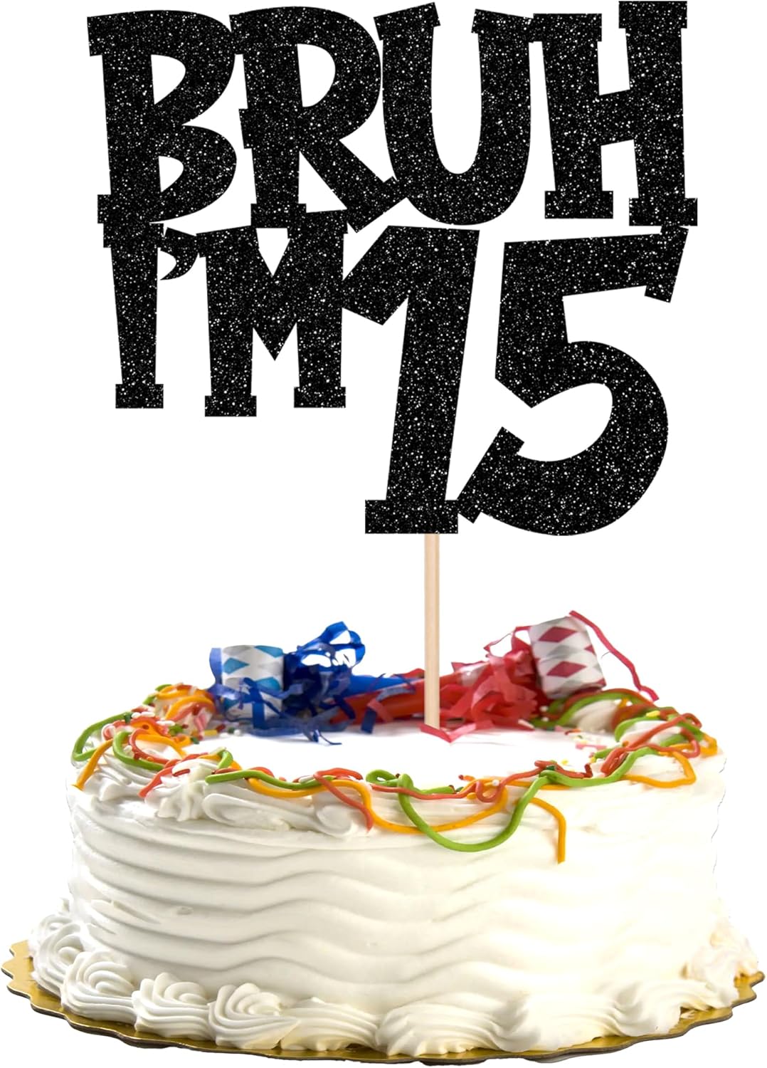 1 PCS Bruh I'm 15 Cake Topper Black Glitter Happy 15th Birthday Cake Pick Bro I'm 15 It's My 15th Birthday Cake Decoration for Cheers to 15 Years Birthday Party Decorations Supplies
