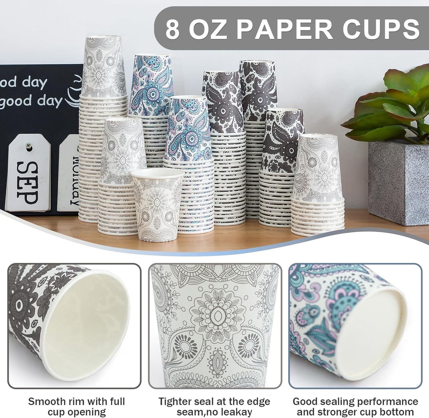 [300 Pack 8 OZ Paper Cups, Disposable Coffee Cups 8 oz Hot/Cold Colourful Beverage Drinking Cups for Office Party Home Picnic (Paisley)