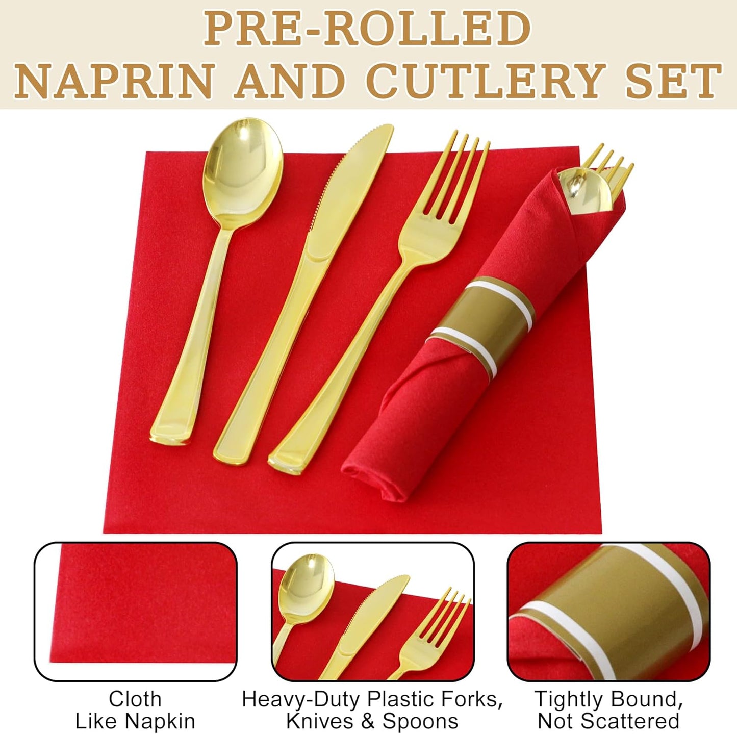 50 Pack Pre Rolled Gold Plastic Silverware Set,Wrapped Plastic Cutlery Set with Napkin Include 50 Forks,50 Spoons,50 Knives and 50 Red Napkins for Party,Wedding