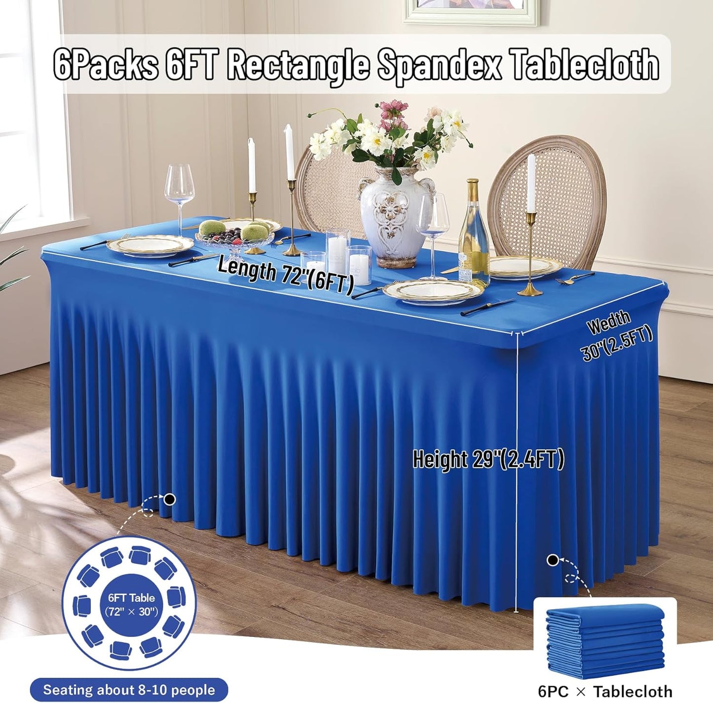 leegleri 6 Pack Royal Blue Spandex Table Clothes for 6 Foot Rectangle Tables, Wrinkle Free Fitted Table Cloth 6ft Stretch Tablecloths for Parties Weddings Birthday Banquet Baby Shower
