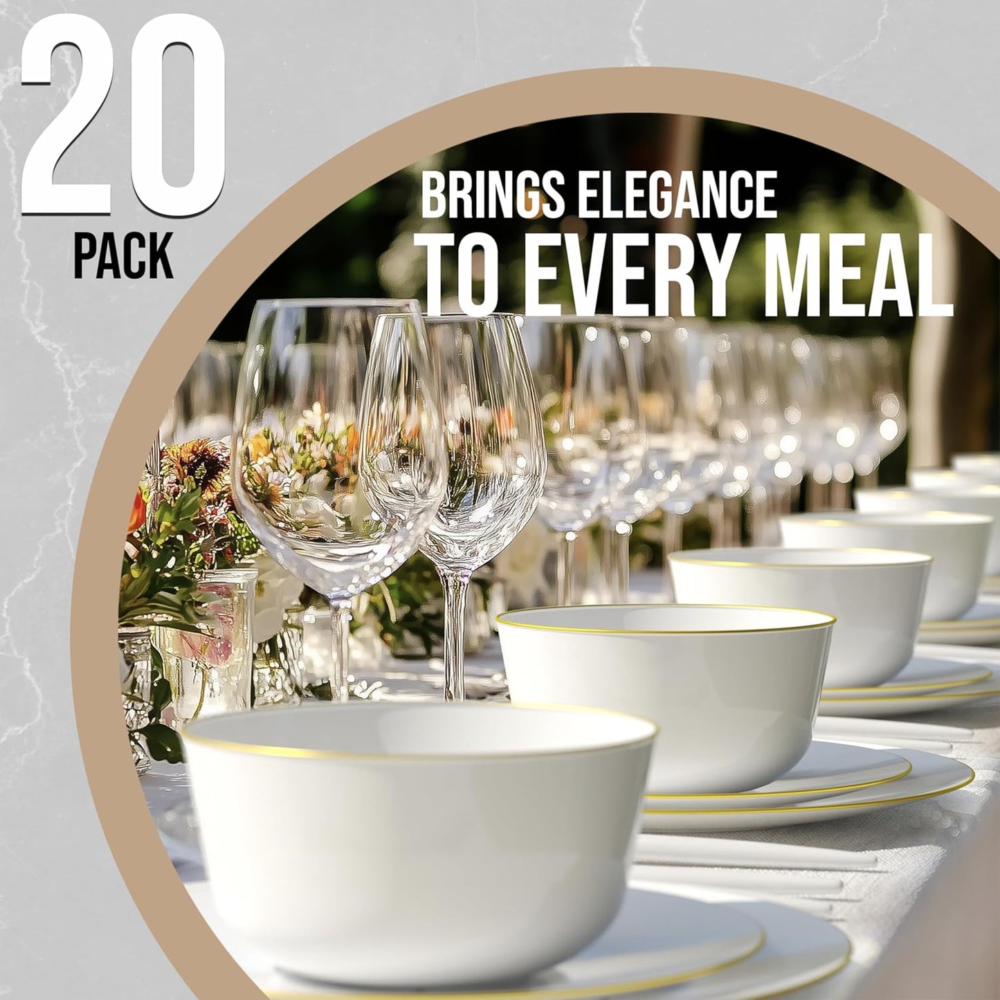 Trendables Disposable Bowls - 24 Oz Set of 20 in White with Gold Rimmed Fancy Plastic Serving, Ice Cream and Salad Bowls