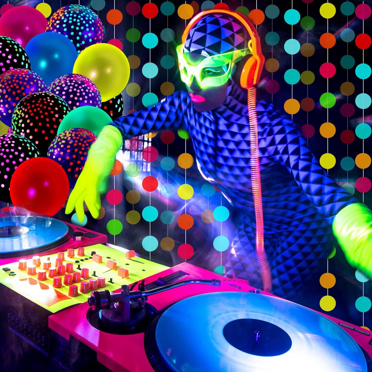 32 Pcs Glow in The Dark Party Supplies Christmas Neon Party Favors with 25 Fluorescent Balloon 6 Rolls 98.4 ft UV Blacklight Luminous Tape 14.4 ft Neon Streamer Garland for Adults(Classic Dot)