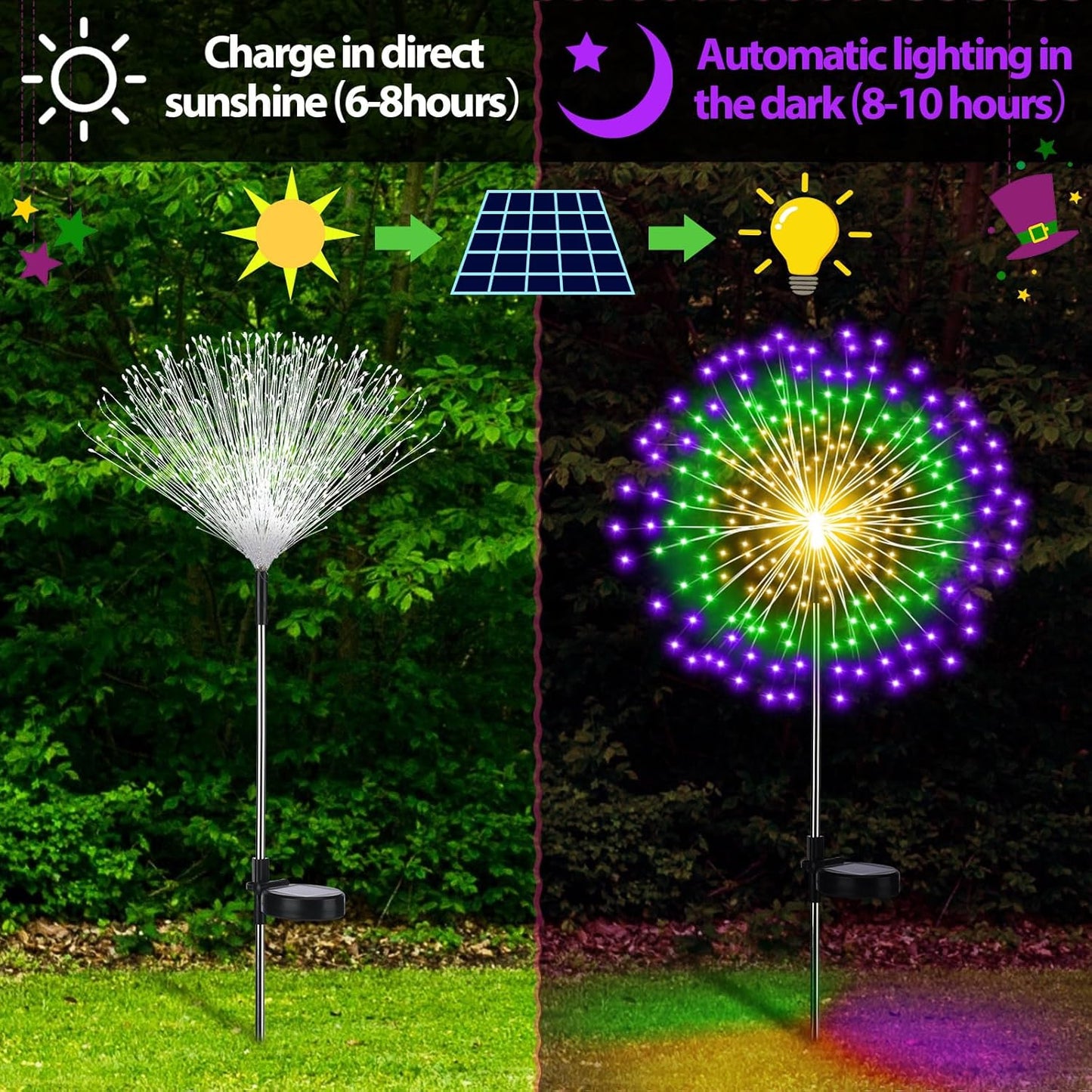 4 Pack Christmas Solar Firework Lights Decorations Garden Pathway Solar Power Light Stake Waterproof Landscape Lamp with 180 LED 8 Modes for Christmas Party Decoration(Green, Yellow, Purple)