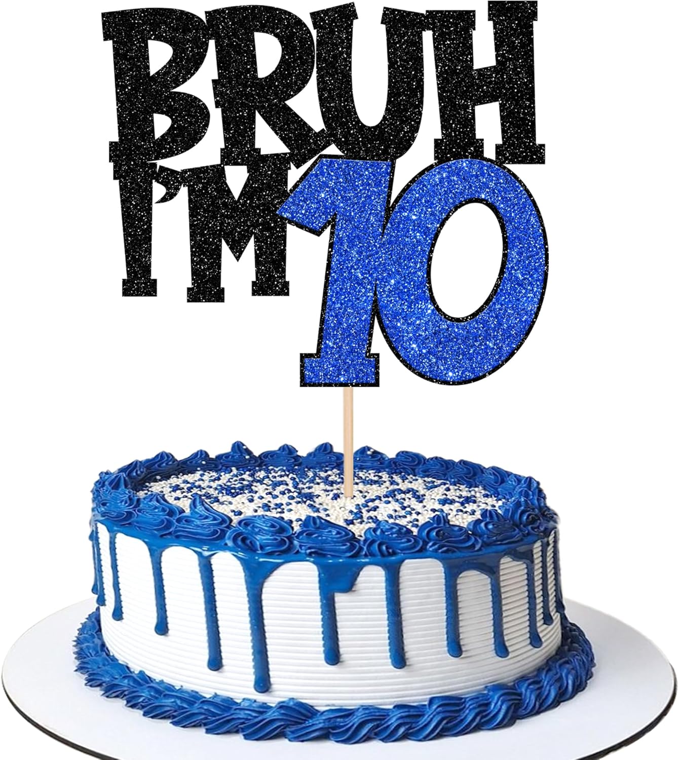 1 PCS Bruh I'm 10 Cake Topper Glitter Happy 10th Birthday Cake Pick Bro I'm 10 Cake Decoration It's My 10th Birthday Decorations for Cheers to 10 Years Old Birthday Anniversary Party Supplies Blue