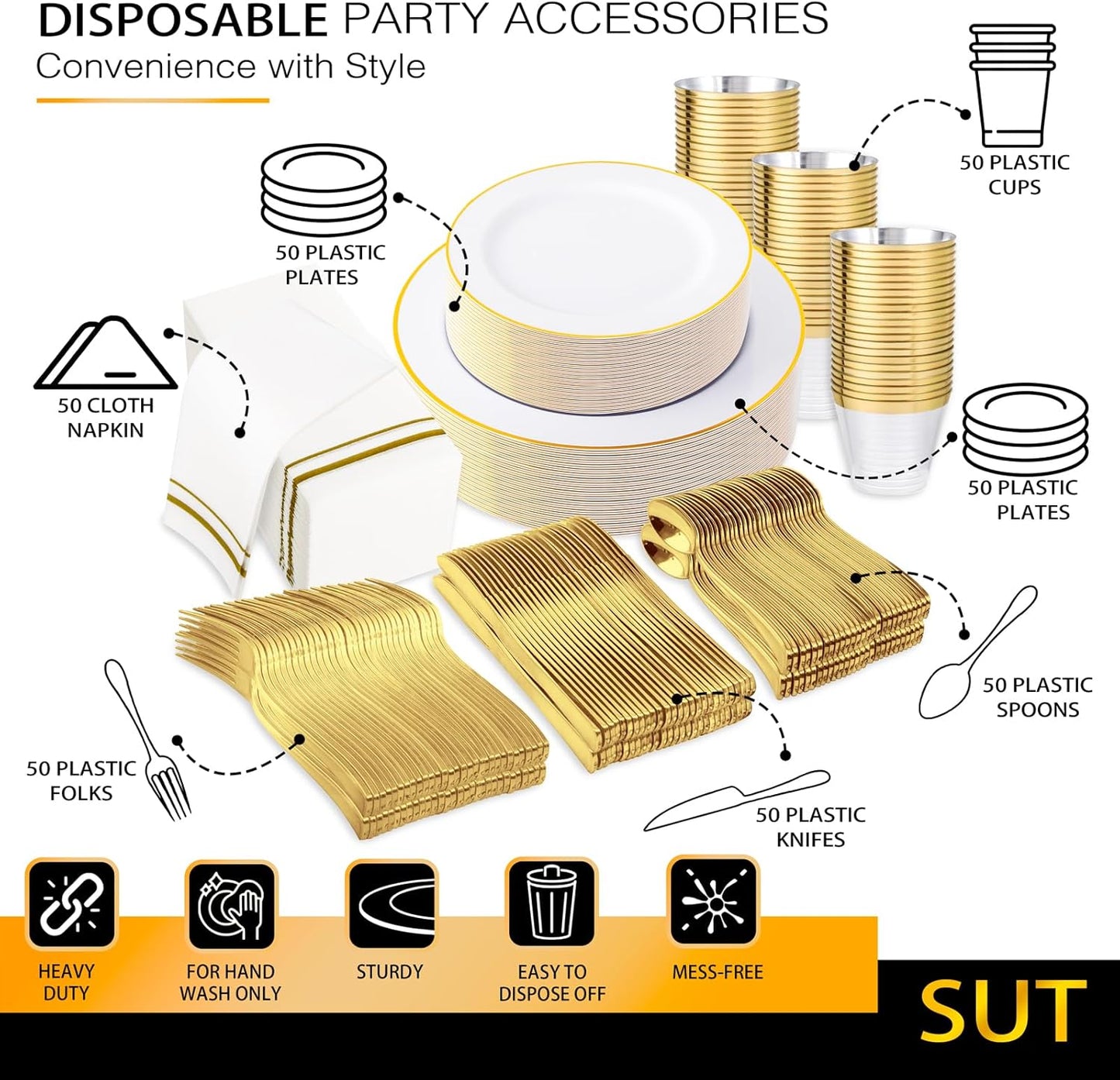 SUT 350 PCS Elegant White and Gold Disposable Dinnerware Set - Premium Dinner & Salad Plates, Cups, Napkins & Cutlery for 50 Guests - All-Inclusive Party Plastic Plates