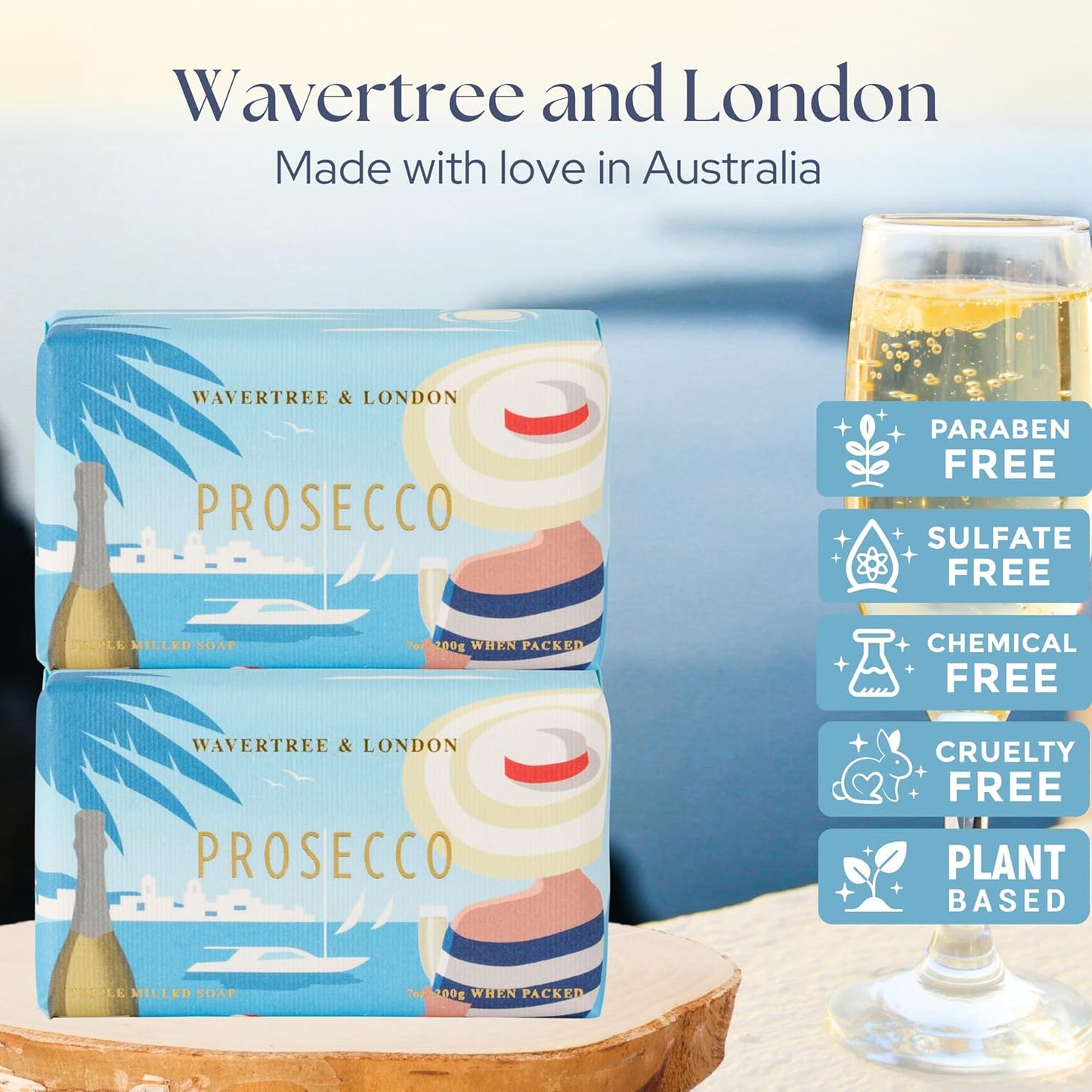 Wavertree & London Prosecco Scented Natural Soap (2 Bars), 7oz Moisturizing French Triple Milled Soap Bars enriched with shea butter - Pure Plant Based Bath & Body Bars for All Skin Types