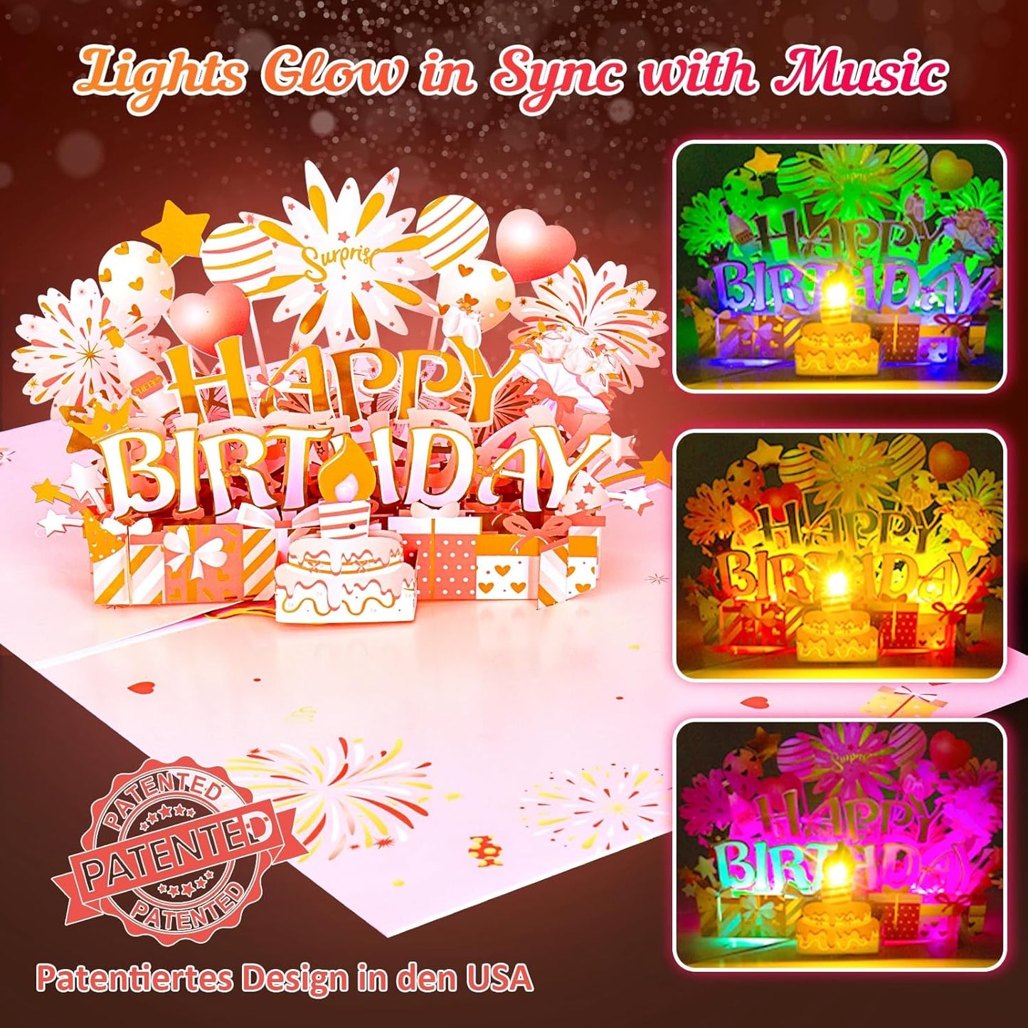 INPHER Birthday Cards for Women Pop Up Happy Birthday Card Blowable LED Candle Light and Music Birthday Gifts for Women Mom Wife Grandma Rose Gold