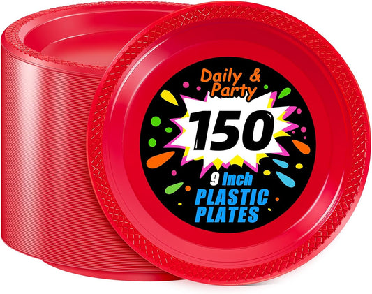 WELLIFE Red Party Plates 9 Inch -150 Count, Plastic Disposable Plates for Dinner Party Easter Mother's Day