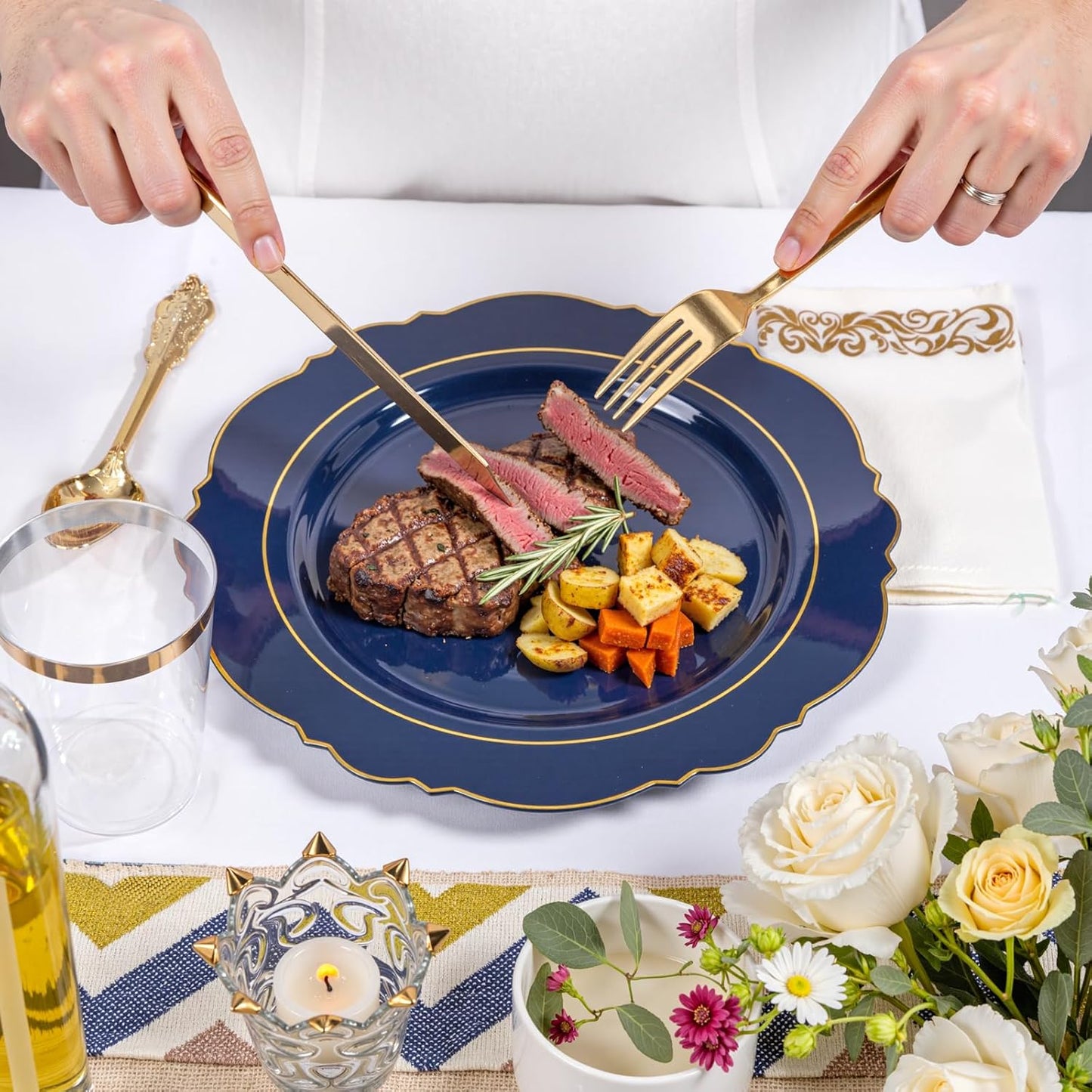 KIRE 210Pcs Navy Blue Plastic Plates - Blue Plates Disposable - 30guest Baroque Plastic Dinnerware for Upscale Wedding/Parties