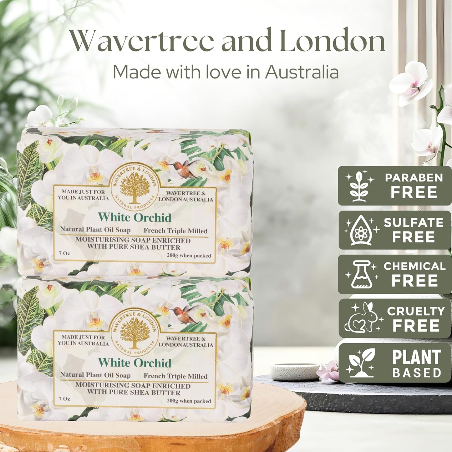Wavertree & London White Orchid Scented Natural Soap (2 Bars), 7oz Moisturizing French Triple Milled Soap Bars enriched with shea butter - Pure Plant Based Bath & Body Bars for All Skin Types