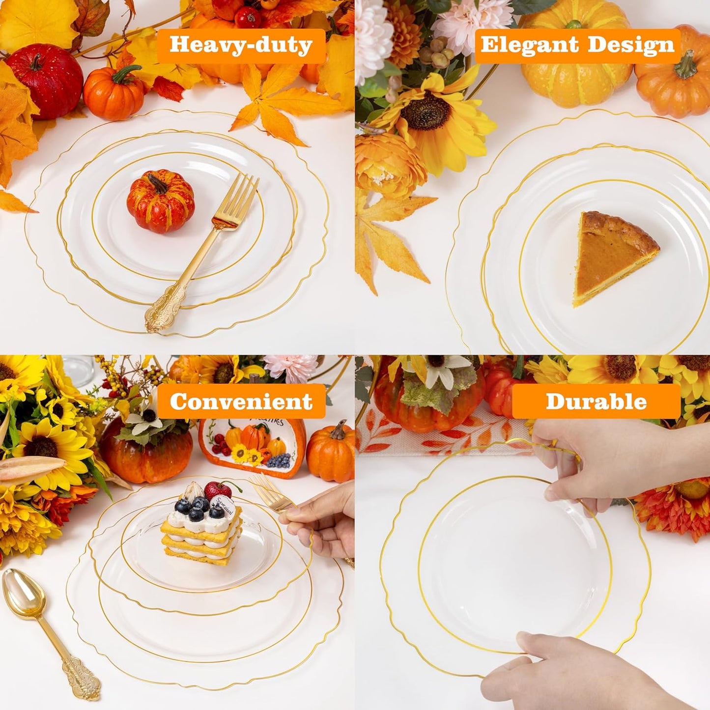 YOUBET 125PCS Thanksgiving Plastic Plates - Clear Gold Disposable Plates - 25 Guests Baroque Plastic Dinnerware Includes 25Dinner Plates, 25Dessert Plate, 75Silverware for Thanksgiving Party & Wedding