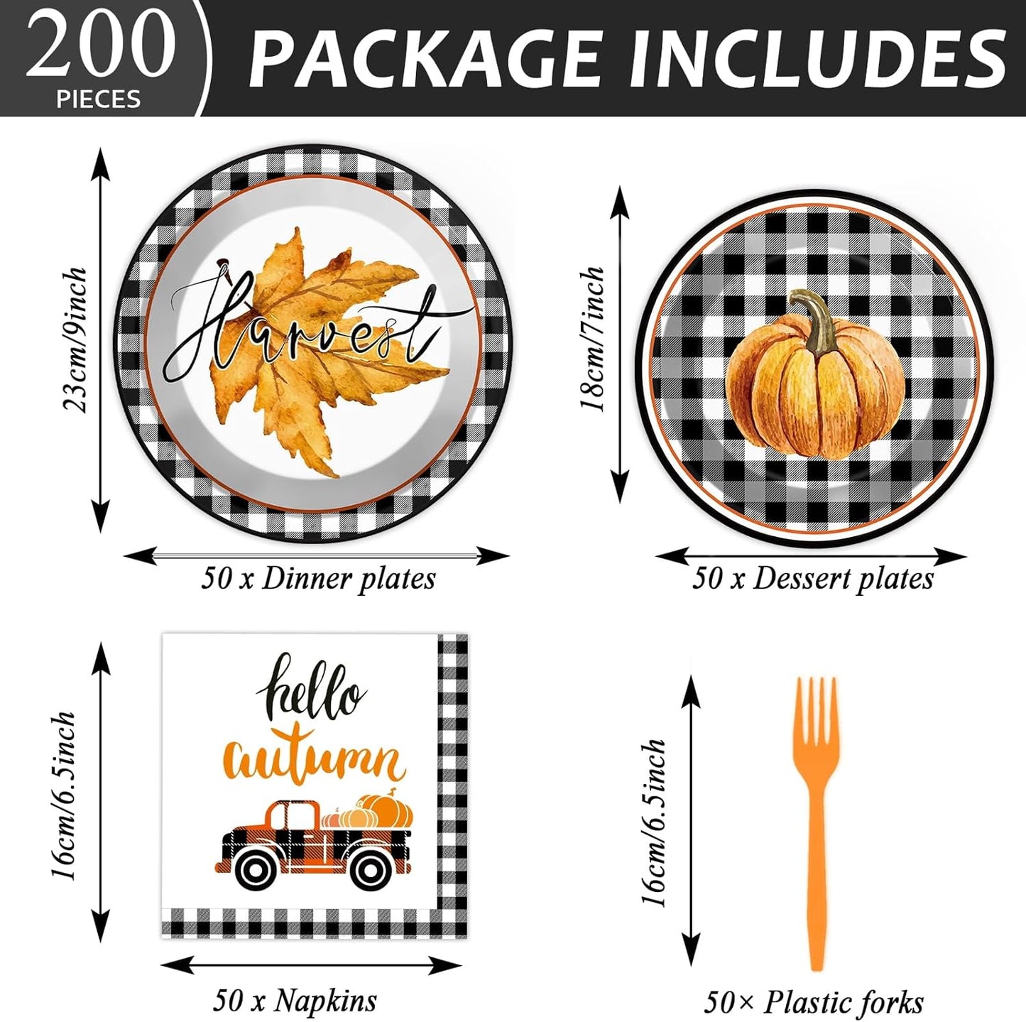 200 PCS Thanksgiving Tableware Disposable Fall Autumn Party Supplies Dinnerware Set Happy Harvest Plate, Hello Autumn Napkin,Fork Thanksgiving Fall Theme Party Decoration Serve 50 guest