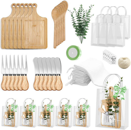 6 Sets Baby Shower Prizes for Game Winners 56 Pcs Bamboo Cheese Board Spoon Butter Spreaders Fork Towel Roll Ribbon Thank You Card and Gift Bags for Baby Shower Wedding Bridal Shower Favors Guests