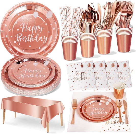 Birthday Party Tableware, 161 Pieces Rose gold Party Supplies, Dinnerware Sets Include Paper Plates Napkins Cups Silverware, for Shower Engagement Parties Decoration -20 Serves