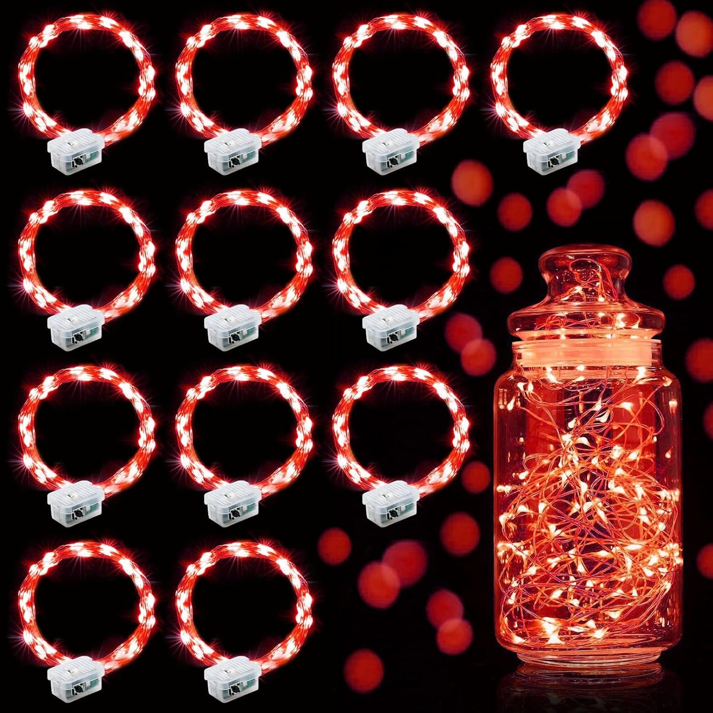 Aogist Led Fairy Lights 3 Modes Battery Operated String Lights Waterproof Silver Wire 7 Feet Firefly Starry Moon Mason Jar Lights for DIY Wedding Party Christmas (Red, 12 Pack)
