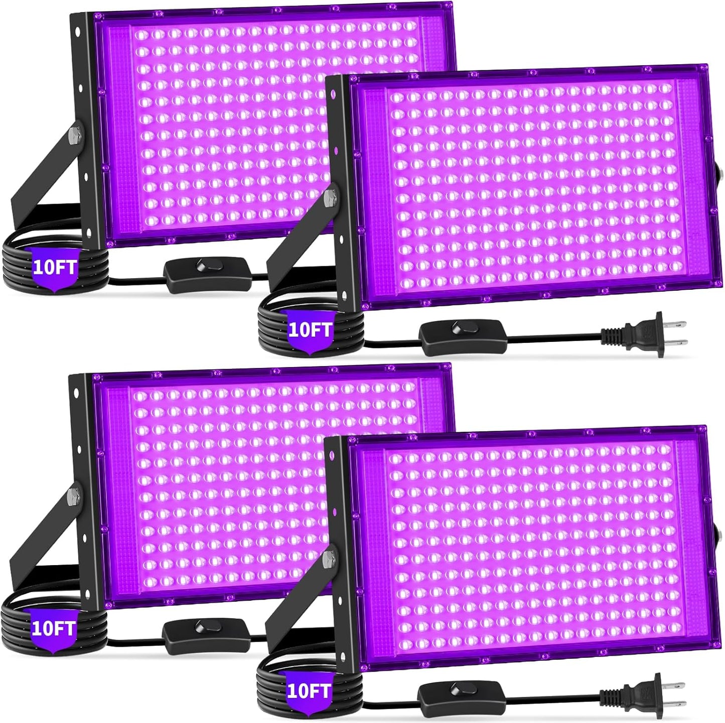 200W Blacklight Flood Light with 10ft Cord+Switch, IP66 Waterproof Outdoor LED Black Lights for Large Space, Glow Party, Halloween, Stage, Gym, Poster, Body Paint, 4 Pack