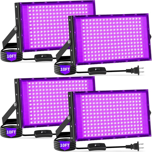 200W Blacklight Flood Light with 10ft Cord+Switch, IP66 Waterproof Outdoor LED Black Lights for Large Space, Glow Party, Halloween, Stage, Gym, Poster, Body Paint, 4 Pack