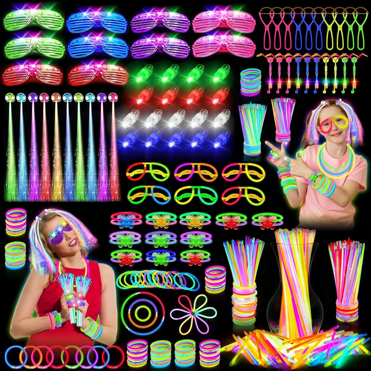 Glow in the Dark Party Supplies, 264 PCS Light Up Party Favors with LED Glasses,Glow Sticks,Finger Lights,LED Hair Clips,Slingshot,Glasses Molds,Butterfly Bracelet for Birthday,Raves,New Year