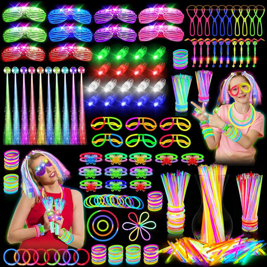 Glow in the Dark Party Supplies, 264 PCS Light Up Party Favors with LED Glasses,Glow Sticks,Finger Lights,LED Hair Clips,Slingshot,Glasses Molds,Butterfly Bracelet for Birthday,Raves,New Year