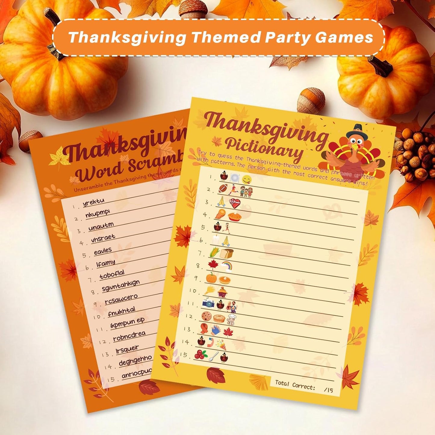 YQUQWN 32PCS Thanksgiving Party Games Set, Thanksgiving Trivia Game Word Scramble Pattern Guessing Game for Family Party Activities Decorations Family Kids