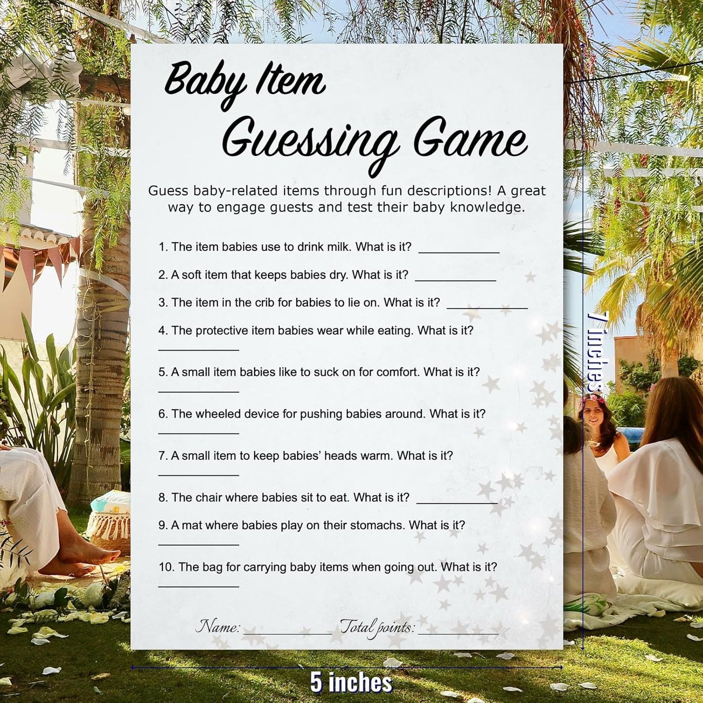 Baby Shower Item Guessing Trivia Game Cards - 30 Players - Light Gray Minimalist Design with Stars, Strips - Ready to Play, Answer Keys Included, 5x7 Inch Family Friend (Items Guessing)