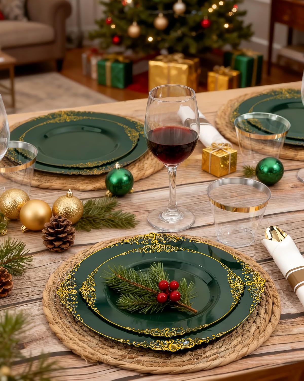 Nervure 350PCS Green Plastic Plates - Green Gold Plastic Dinnerware Sets for 50 Guests - 100 Disposable Plates, 150 Gold Silverware, 50 Cups, 50 Napkins for Wedding & Party & Christmas