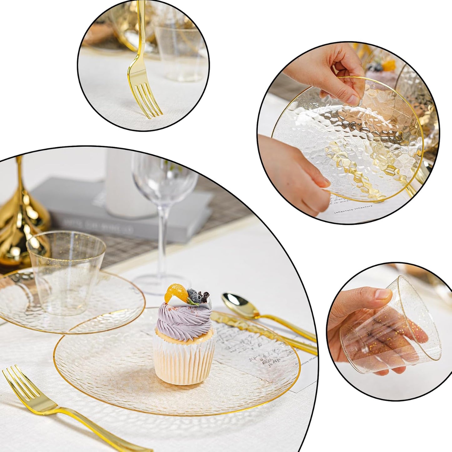 HOMIP 175 Pcs Plastic Dinnerware Set (25 Guests), Clear Party Plates Include 25 Dinner Plate, 25 Dessert Plate, 25 Cups, 25 Gold Cutlery Set And Pefect for Party and Wedding