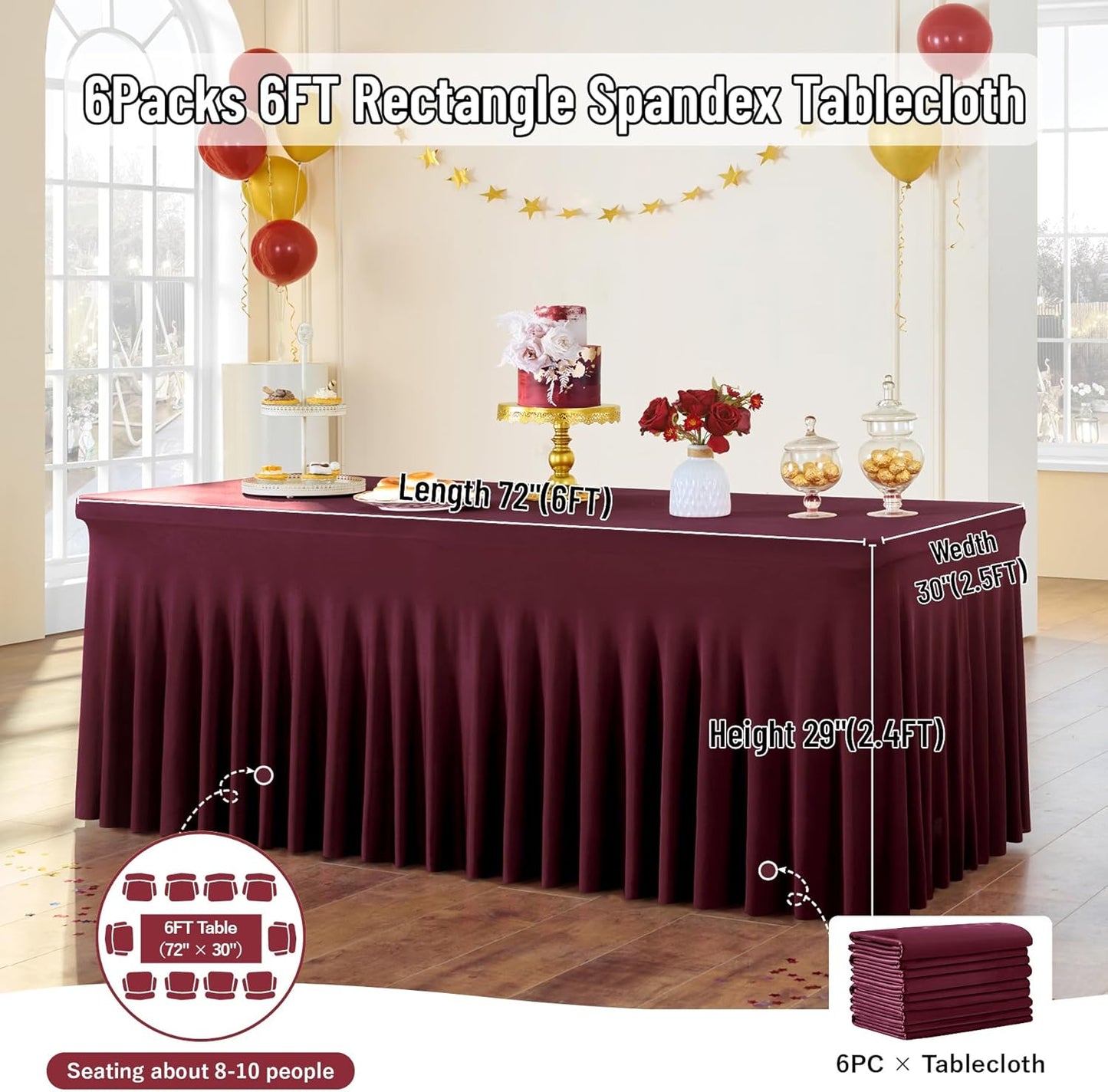 leegleri 6 Pack Burgundy Spandex Table Clothes for 6 Foot Rectangle Tables, Wrinkle Free Fitted Table Cloth 6ft Stretch Tablecloths for Parties Weddings Birthday Banquet Baby Shower